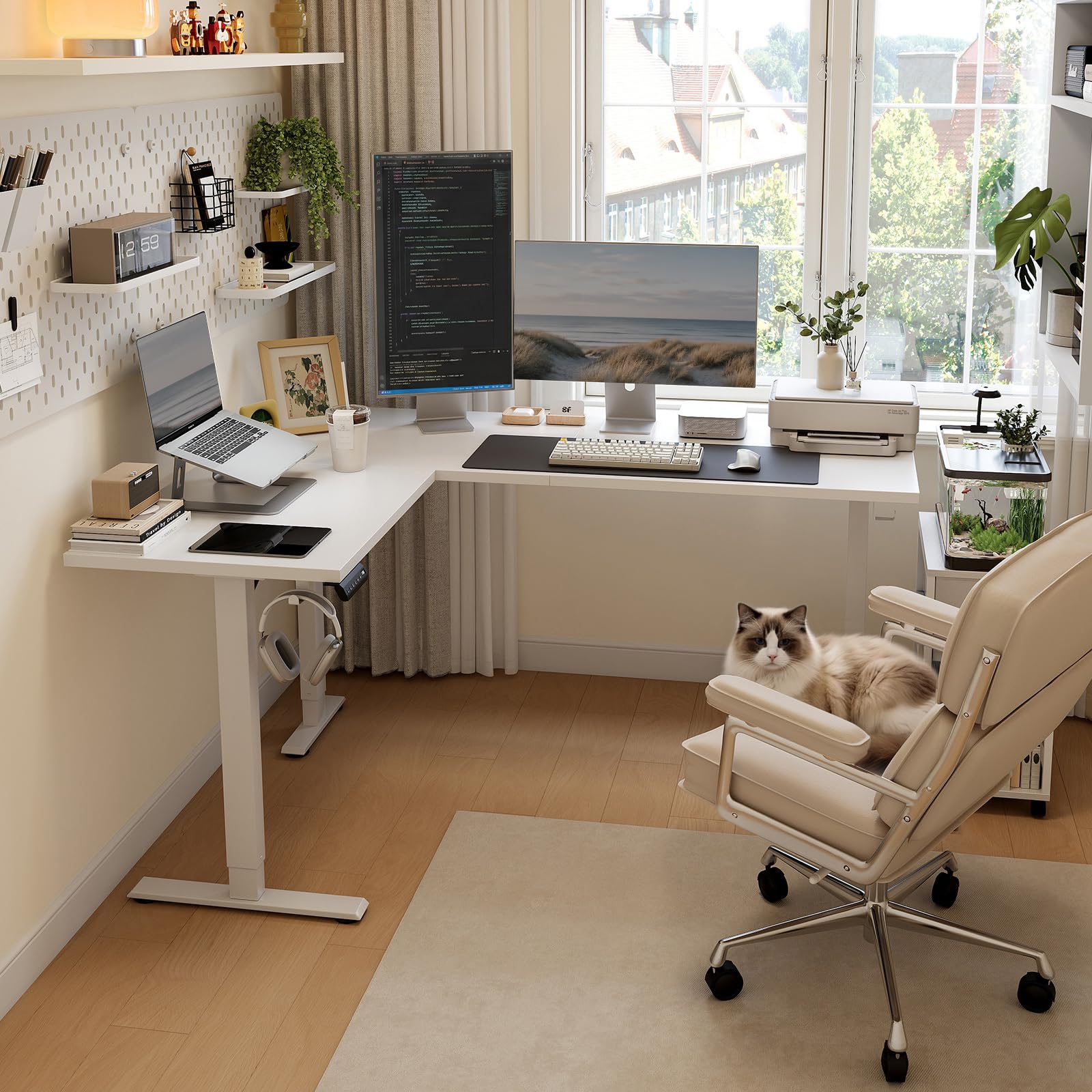 OffiGo Bureau d'angle Assis Debout, 160 x 120 cm Ergonomique réglable Hauteur en Bureaus d'ordinateur Assis Debout, pour Bureau à Domicile, Blanc