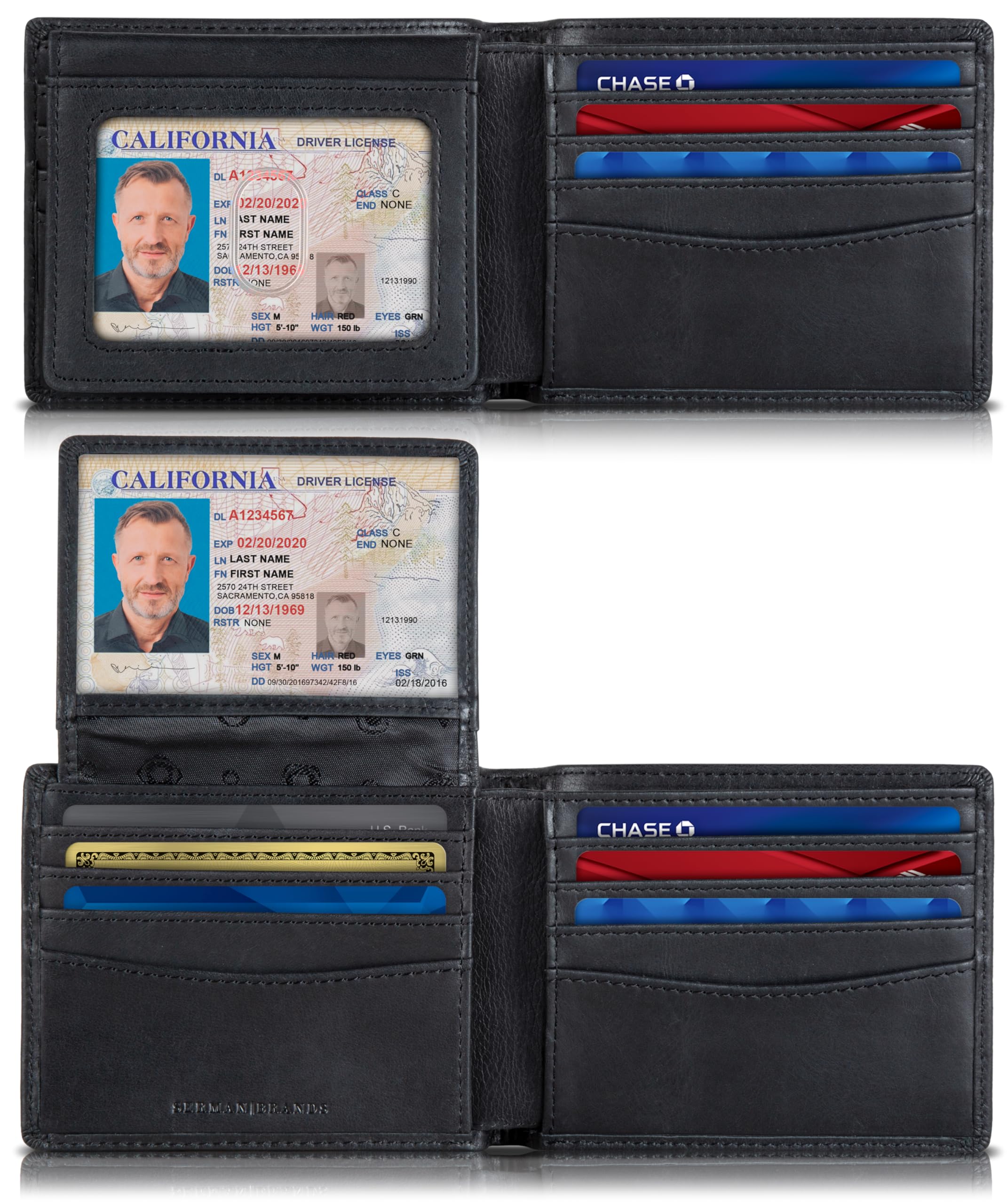SERMAN BRANDS 2 ID Window Wallet for Men RFID Blocking Leather, Bifold Top Flip, Extra Capacity Travel Wallet