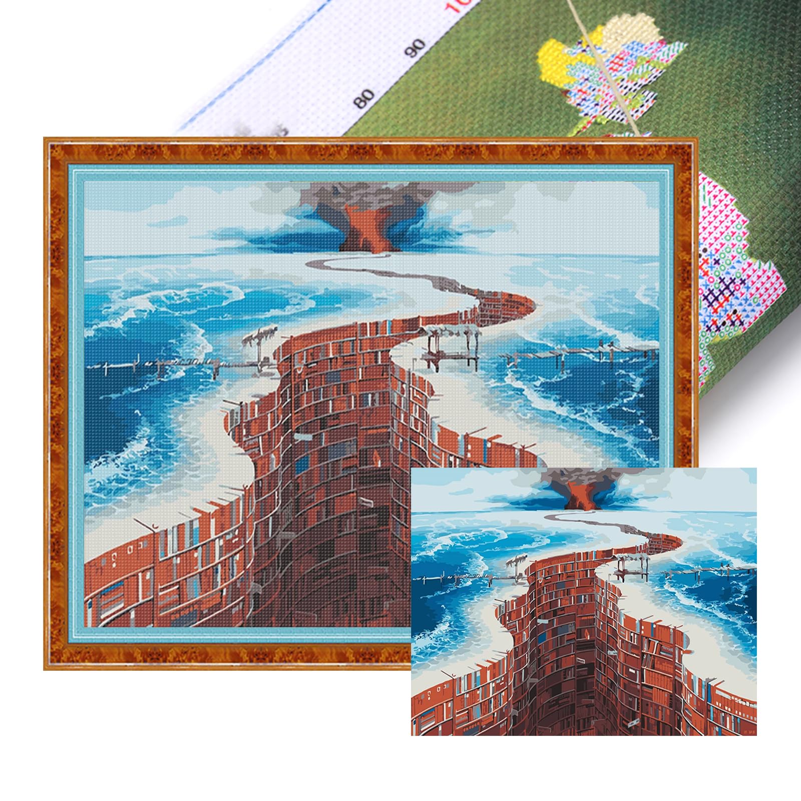 Poetrydraw 11Ctacc-11718__C__50x40 Bookshelf Ocean Full 11Ct Diy Stamped Cross Stitch Kits 50X40cm Home Decor (11Ctacc-11718 C 50X40)