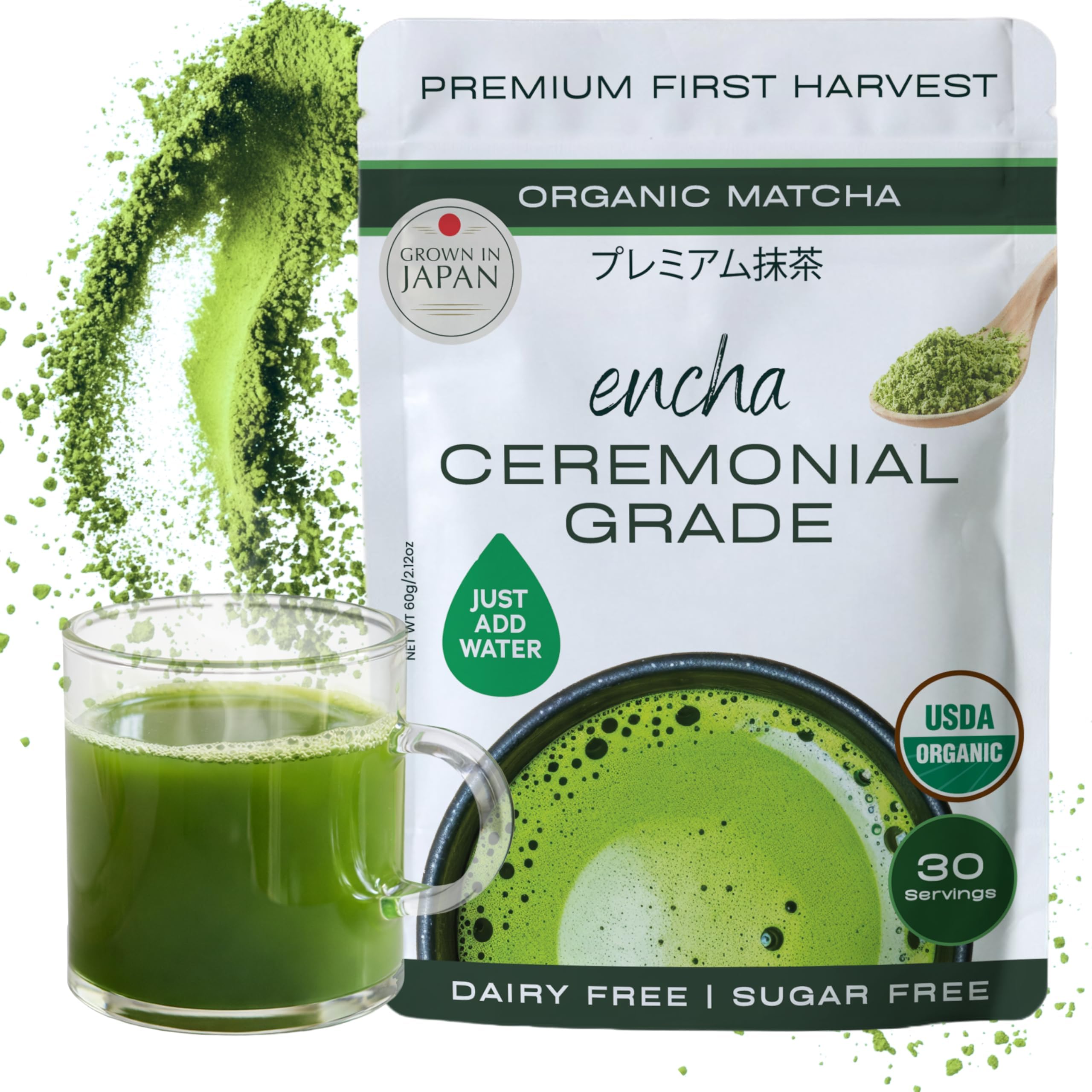 Encha Matcha - Ceremonial Grade Matcha Powder, Organic First Harvest Japanese Green Tea Powder, From Uji, Japan (60g/2.12oz)