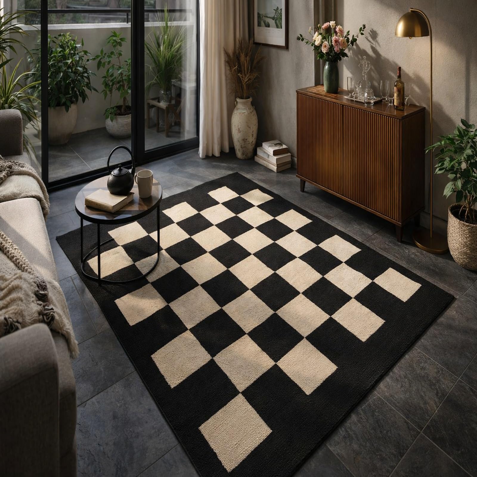 Alfombra 160x200 cm para dormitorio y salón Rururug de pelo corto lavable negra