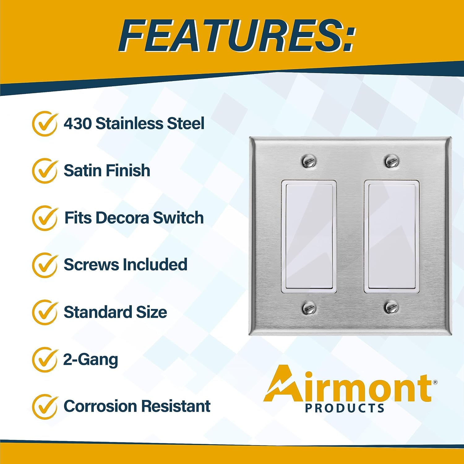 (5 PACK) Stainless Steel Outlet Covers for Decorator Switches, 2-Gang Standard Size, 4.5'' x 4.56'', Light Switch Cover Plate, Decorative Outlet Covers, Metal Wall Plate Cover, Screws Included