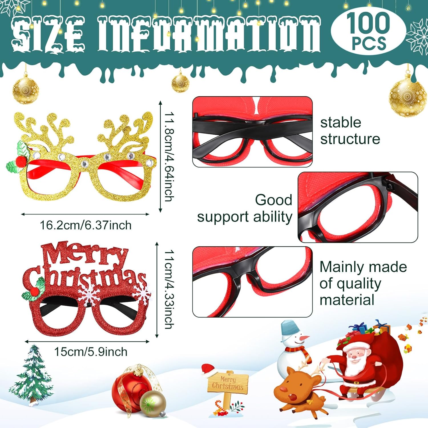 Jerify 100 Pairs Christmas Party Glitter Glasses Frame Xmas Eyeglasses Creative Funny Christmas Costume Eyewear Bulk for Adults Kids Accessories Holiday Decoration Photo Booth Props, 50 Styles