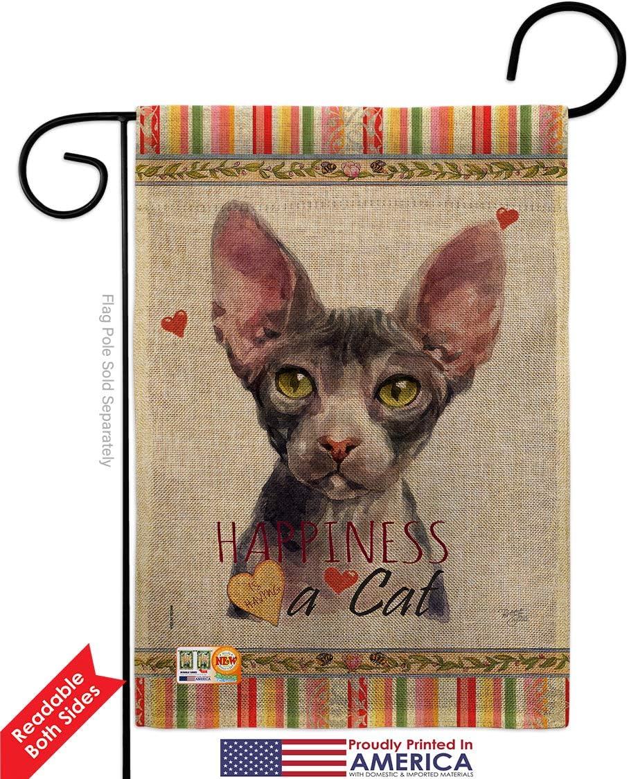 Sphynx Happiness Burlap Burlap Garden Flag Animals Cat Kitten Meow Spoiled Paw Fur Pet Nature Farm Animal Creature Small Decorative Gift Yard House Banner Double-Sided Made In USA 13 X 18.5