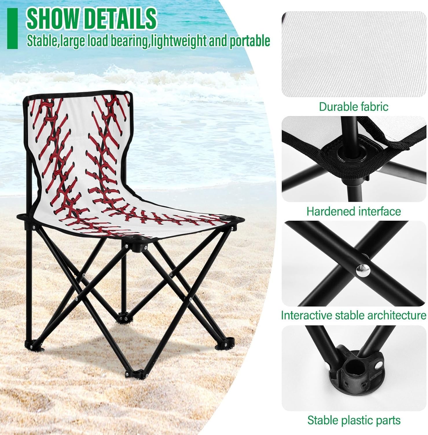 Baseball Texture Camping Chair Lightweight Portable Folding Chair Beach Chair with Carry Bag for Outdoor Adventures Patio and Picnics