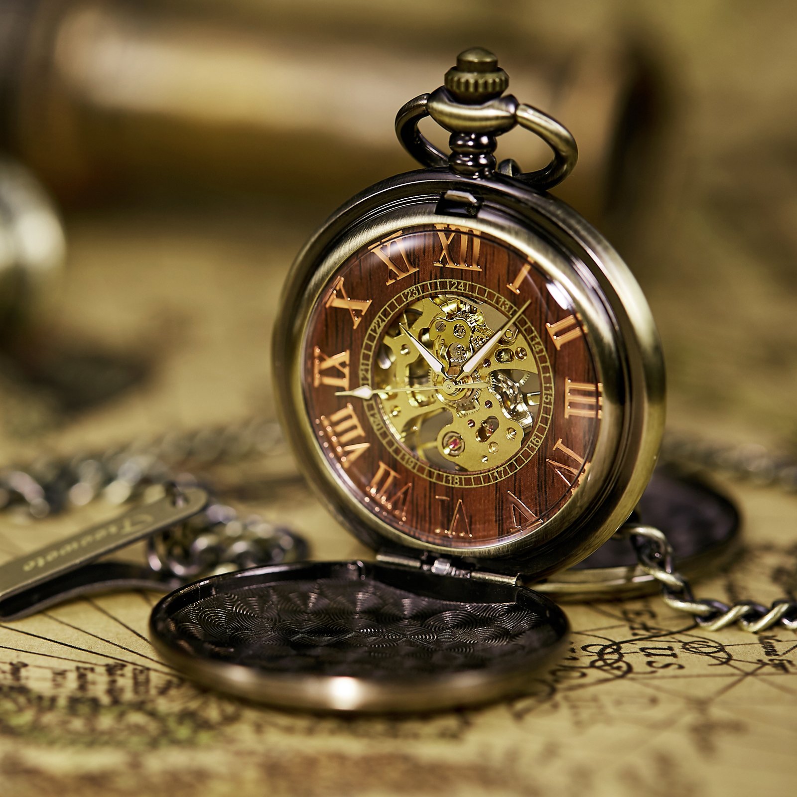 TREEWETO Montre de Poche mécanique Antique pour Homme et Femme, boîtier en Bronze, Train à Vapeur, Chemin de Fer, Chiffres Romains, Bronze, Antique