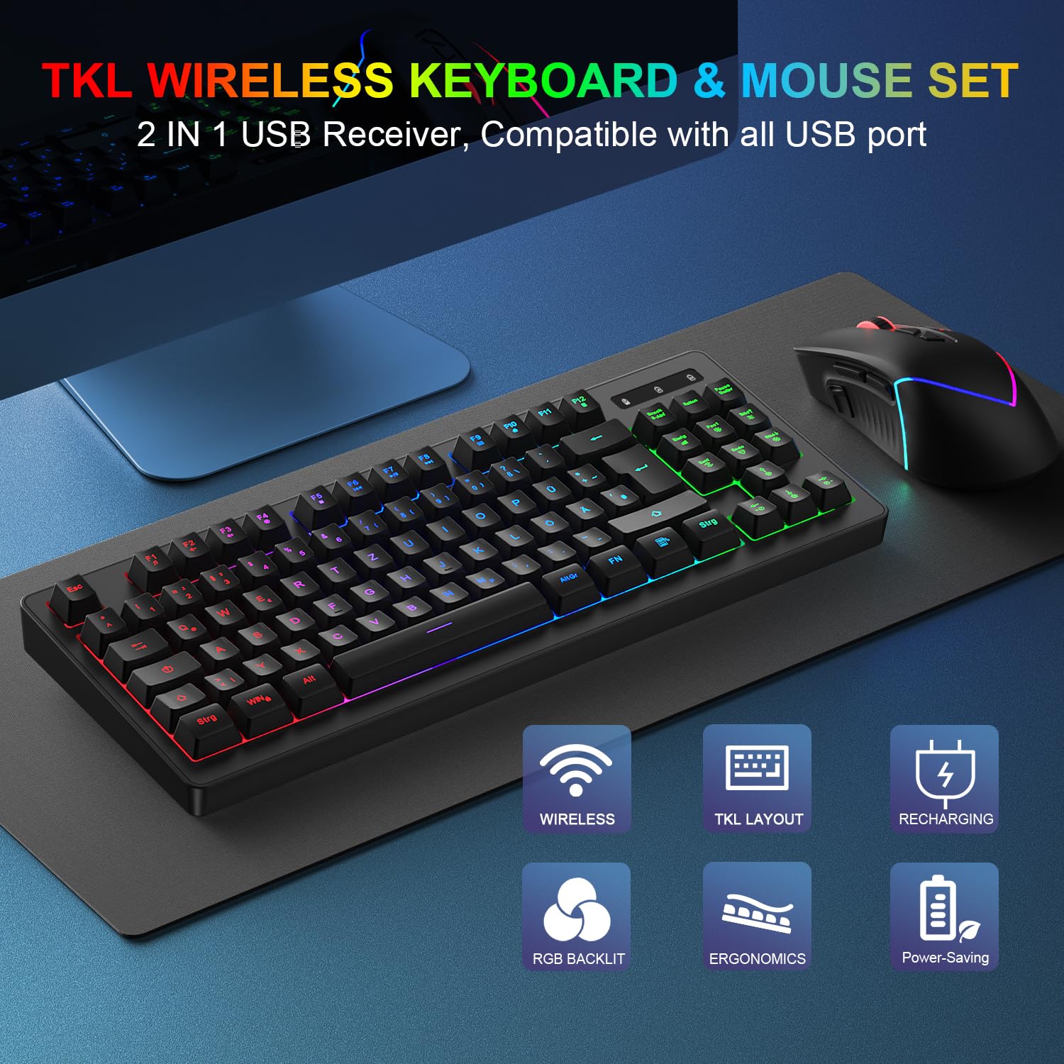Kabellose Gaming Tastatur und Maus Set, DE Layout QWERTZ 75% TKL RGB Beleuchtet, Wiederaufladbare Ergonomische Gaming Maus, Kompaktes Keyboard für PC, Mac, Xbox,PS5