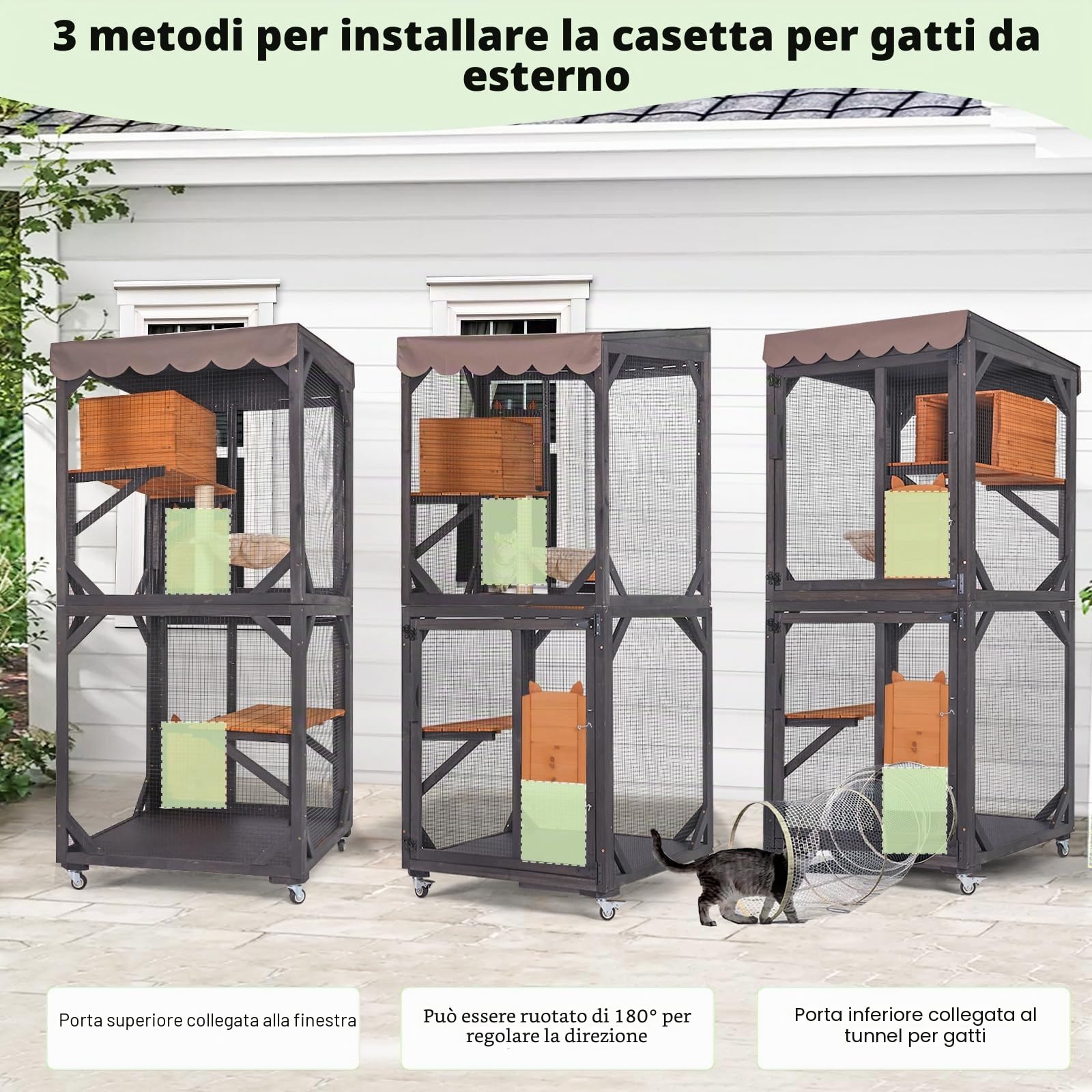 Seiyierr Catio Gabbia per gatti alta 66 pollici, grande casa per gatti su ruote, tetto impermeabile, stile antigraffio e amaca, per esterni, strato in PVC (marrone)