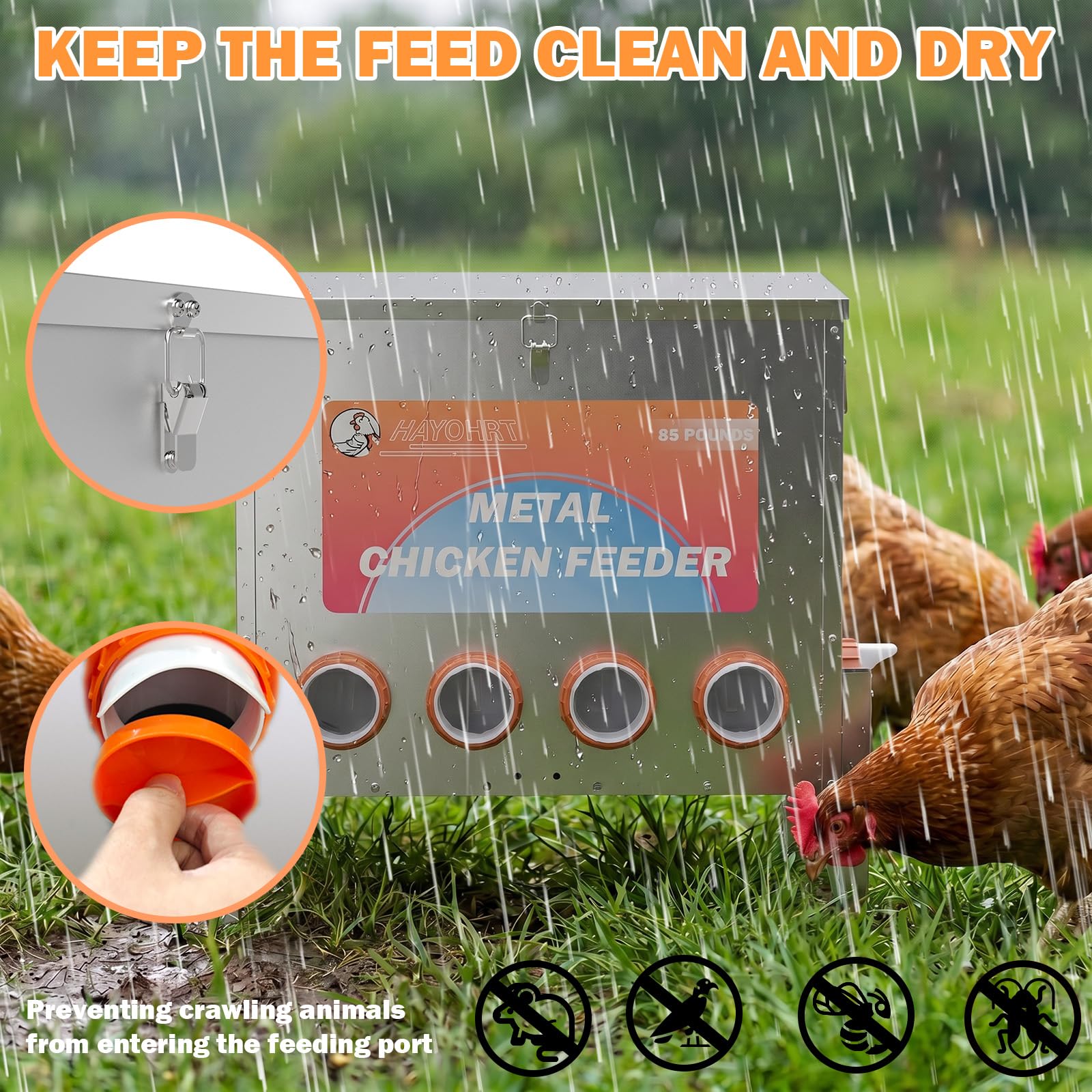 Alimentador automático de pollos de 85 libras, 6 puertos, alimentador de pollo alimentado por gravedad grande con patas ajustables, pestillo de ventana y mango para pollos, bantamos, faisanes