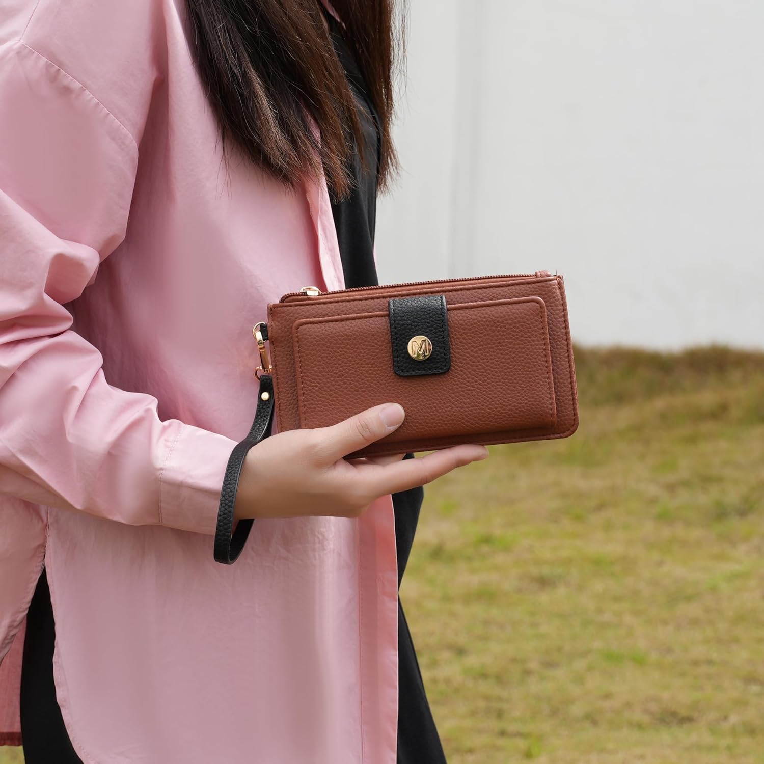 MKF Collection Wallet Wristlet for Women, Multi Compartment Color Block Wristlet Strap Purse Coffee Taupe By Mia K