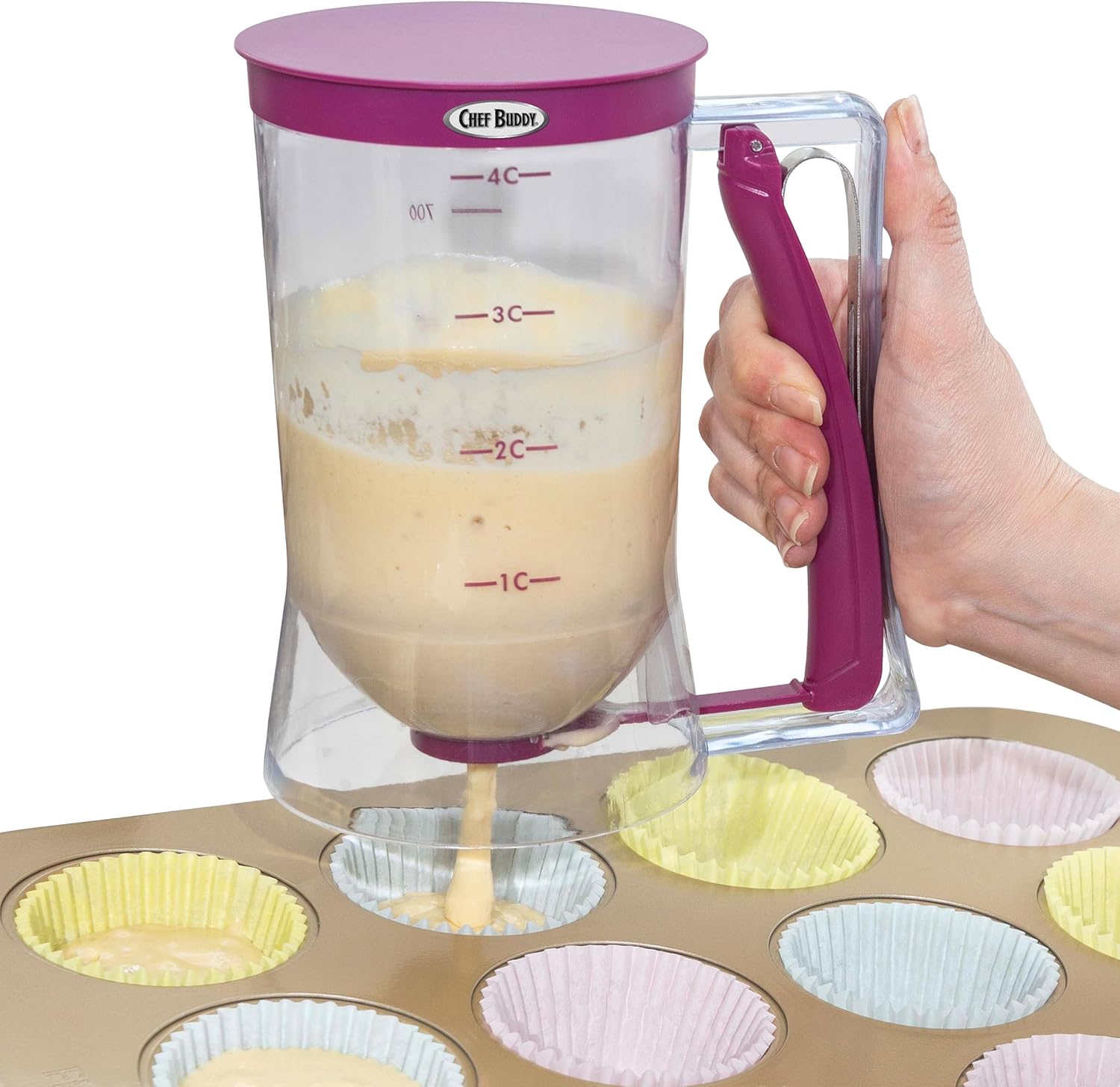 Pancake Batter Dispenser Set of 2 - Batter Dispenser with Squeeze Handle for Pancakes, Waffles, and Muffins - Kitchen Gadgets by Chef Buddy (Purple)