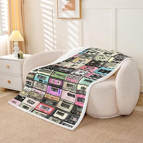 Miniatura 3 de Manta de cinta de música retro de 30 x 40 pulgadas, mantas de vellón vintage de radios para adolescentes, niños y niñas, manta mullida de casete de