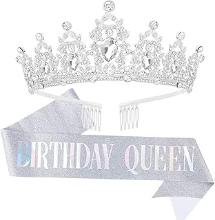 "BIRTHDAY QUEEN" Sash and Tiara for Women Crystal Tiara and Satin Kit for Girl Rhinestones Crown with Comb Glitter Hair Accessories for Prom Party Decoration Cake Topper Accessory Set with Pin (Silver Tiara and Silver Sash Set)