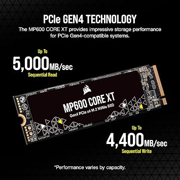 Corsair MP600 CORE XT 4TB PCIe Gen4 x4 NVMe M.2 SSD – High-Density QLC NAND – M.2 2280 – DirectStorage Compatible - Up to 5,000MB/sec – Great for PCIe 4.0 Notebooks and Desktops – Black