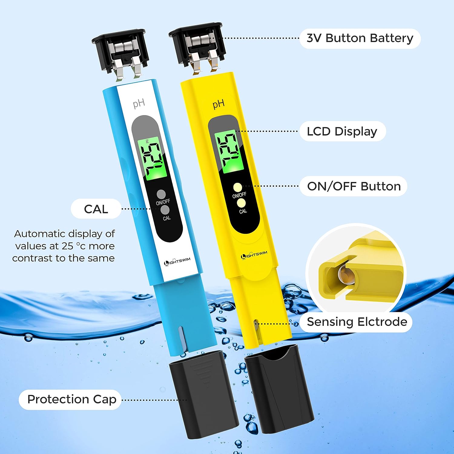Lightswim Tester della qualità dell'Acqua, misuratore di PH con risoluzione ad Alta precisione 0,01, misuratore di Temperatura TDS + EC + 3 in 1 per Acqua Potabile, Acquario, Piscina, Spa (Verde) - Immagine 5