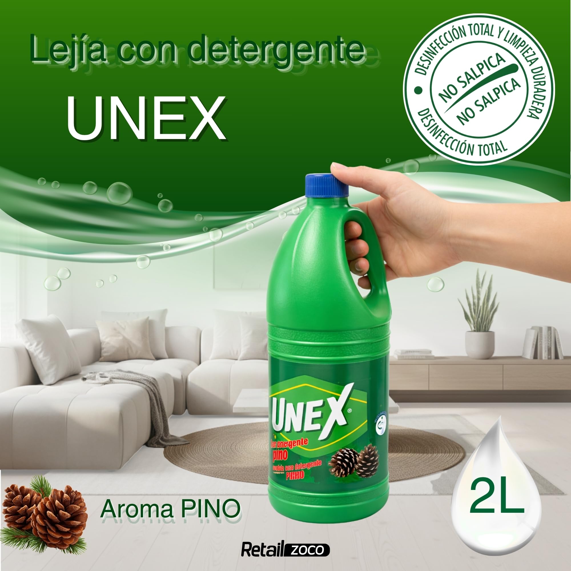 Lejía con Detergente Pino, Desinfectante Superficies, Uso en Baño, Cocina, Azulejos, Suelos, Aptas para Desinfección y limpieza, Combate los malos olores con fragancia fresca, 1 botella de 2 Litros