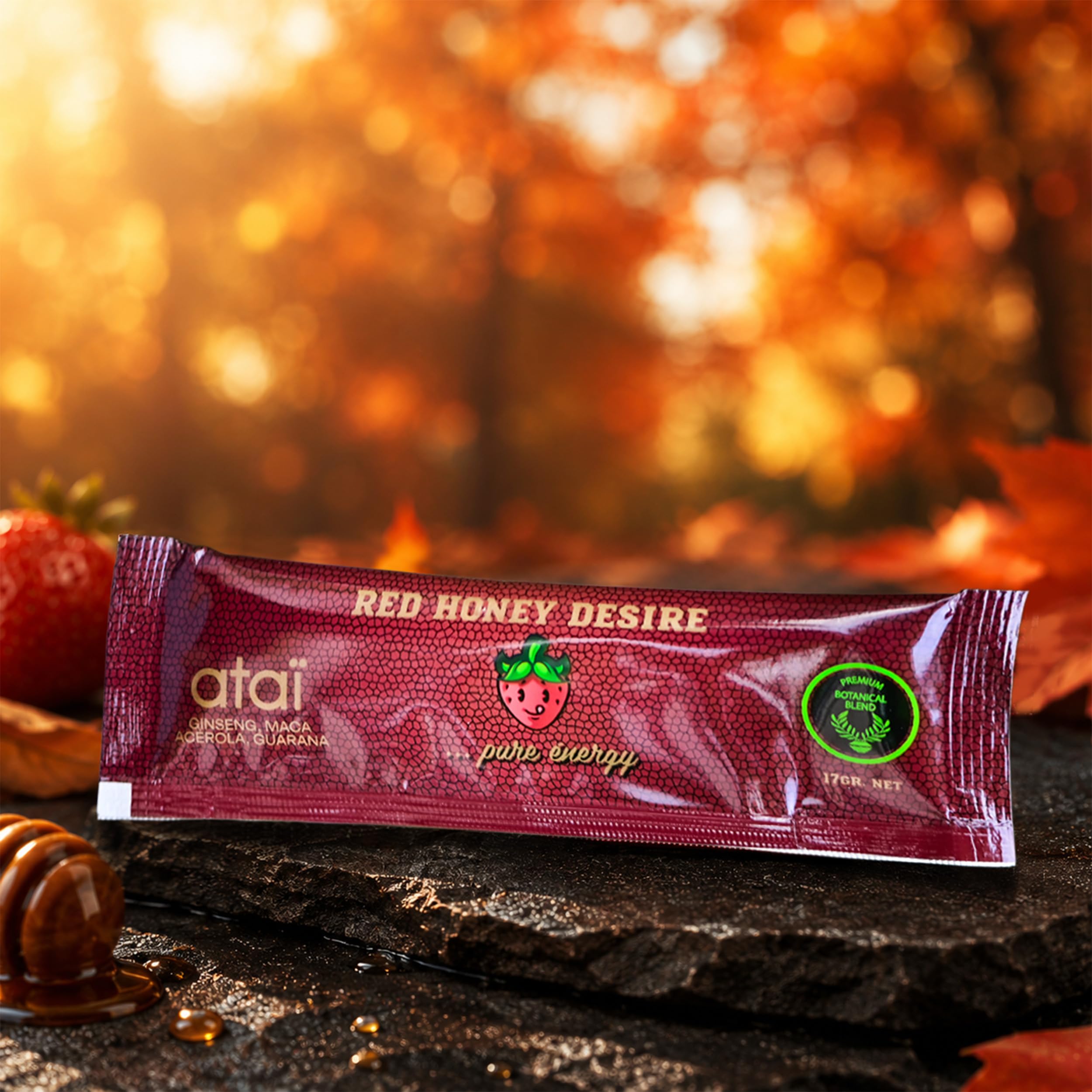 ATAI | RED HONEY DESIRE | TONUS MASCULIN | Miel Énergisant Homme | Ginseng Rouge Maca Guarana Gelée Royale Acérola | Énergie Naturelle & Vitalité | Saveur Miel Fraise | 12 Sachets de 17 g