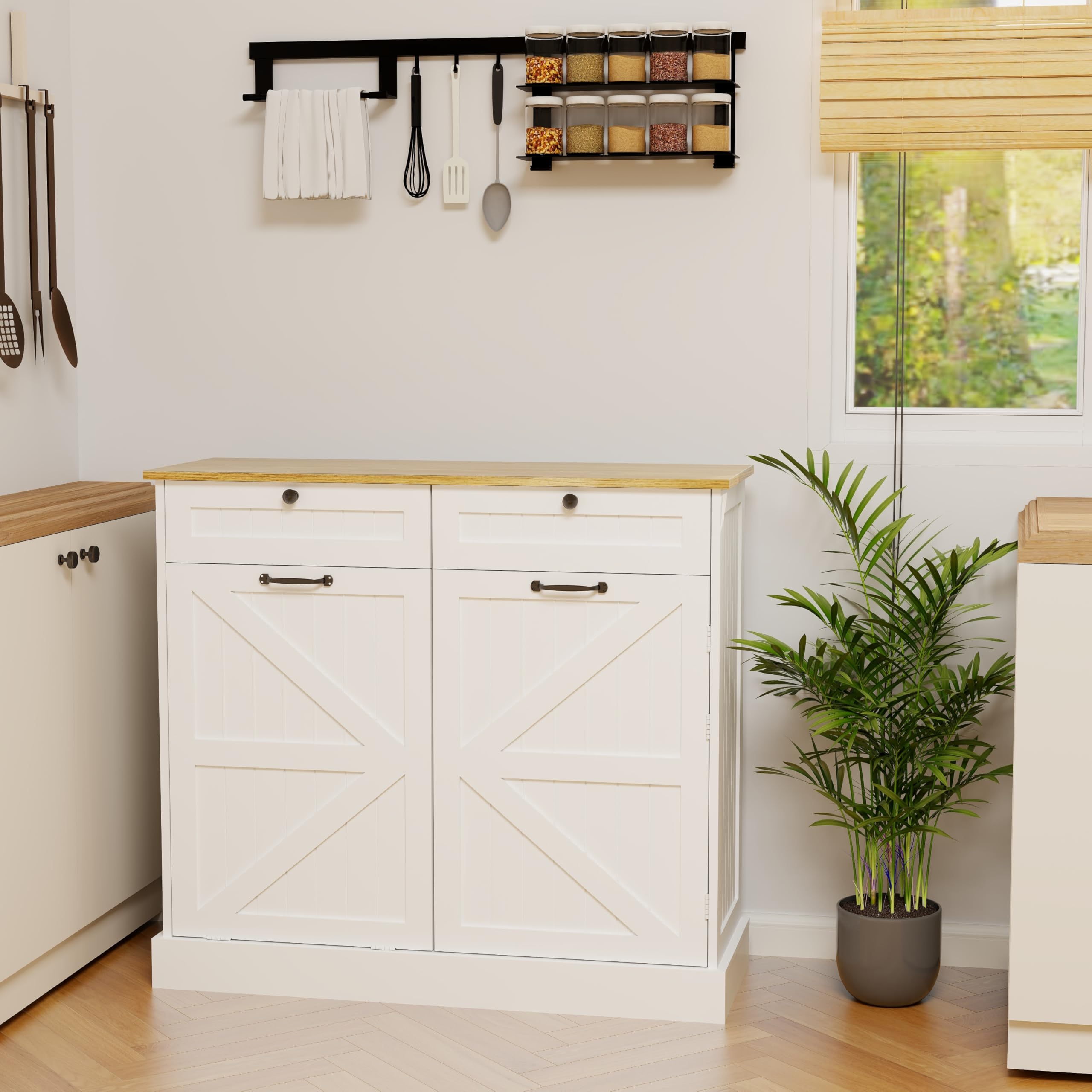 Mercer41 Kitchen Trash Can Storage Cabinet With 2 Drawers & 1 Tilt Out Trash Cabinet 1 Door With Storage Rack 2 Shelves For Kitchen Dinning Room Living Room White W112663128