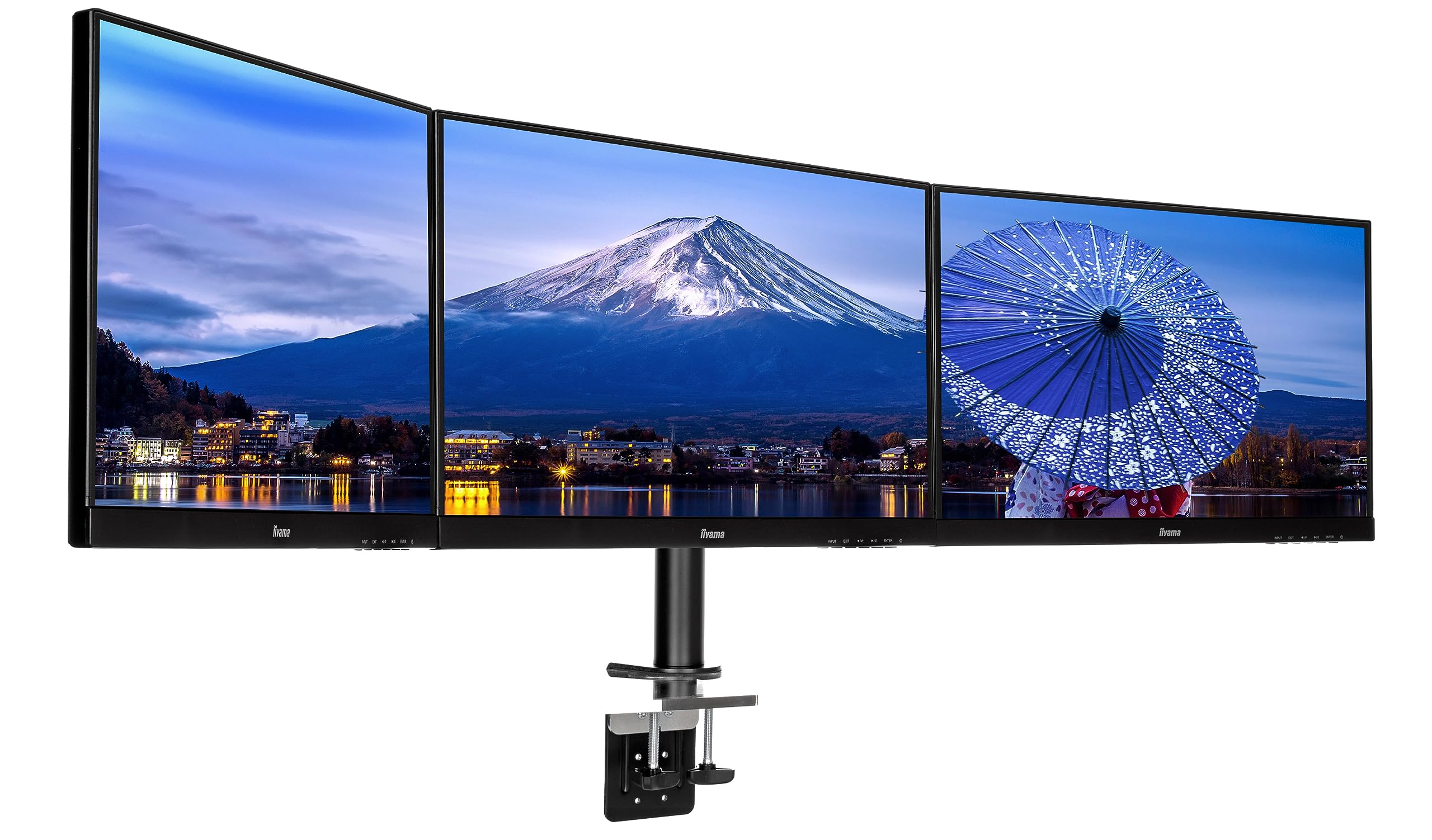 iiyama DS1003C-B1 Soporte de Mesa para triple Monitor de hasta 27 pulgadas (Abrazadera para mesa, máximo 10 kg por monitor), Negro