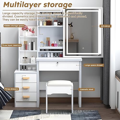 Miniatura 2 de Leavader Juego de tocador con espejo iluminado, escritorio blanco con 4 cajones y estantes, diseño de espacio de almacenamiento oculto, mesa de