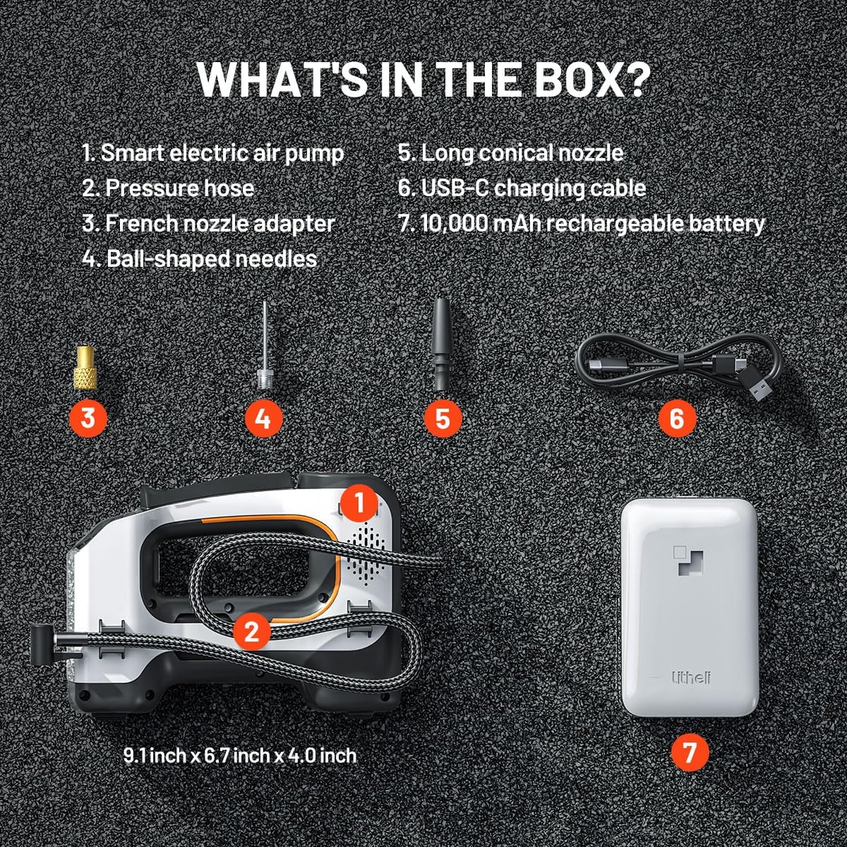 Litheli Cordless Air Compressor, 20V Portable Air Compressor, Cordless Tire Pump for Car, Bike, Sport Ball, Battery Tire Inflator, 3 Nozzle Adapters, 150 PSI, with 2.0 Ah U-Battery