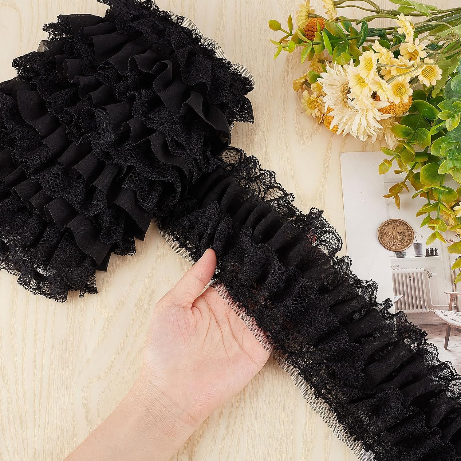 GORGECRAFT Black 3-Layer Pleated Chiffon Lace Trim 4 Inch Width Ruffled Satin Organza Lace Fabric Frills Wide Mesh Tulle Woven Ruffle Fringe Ribbon for Sewing Clothing Curtain Decor Dress Crafts DIY