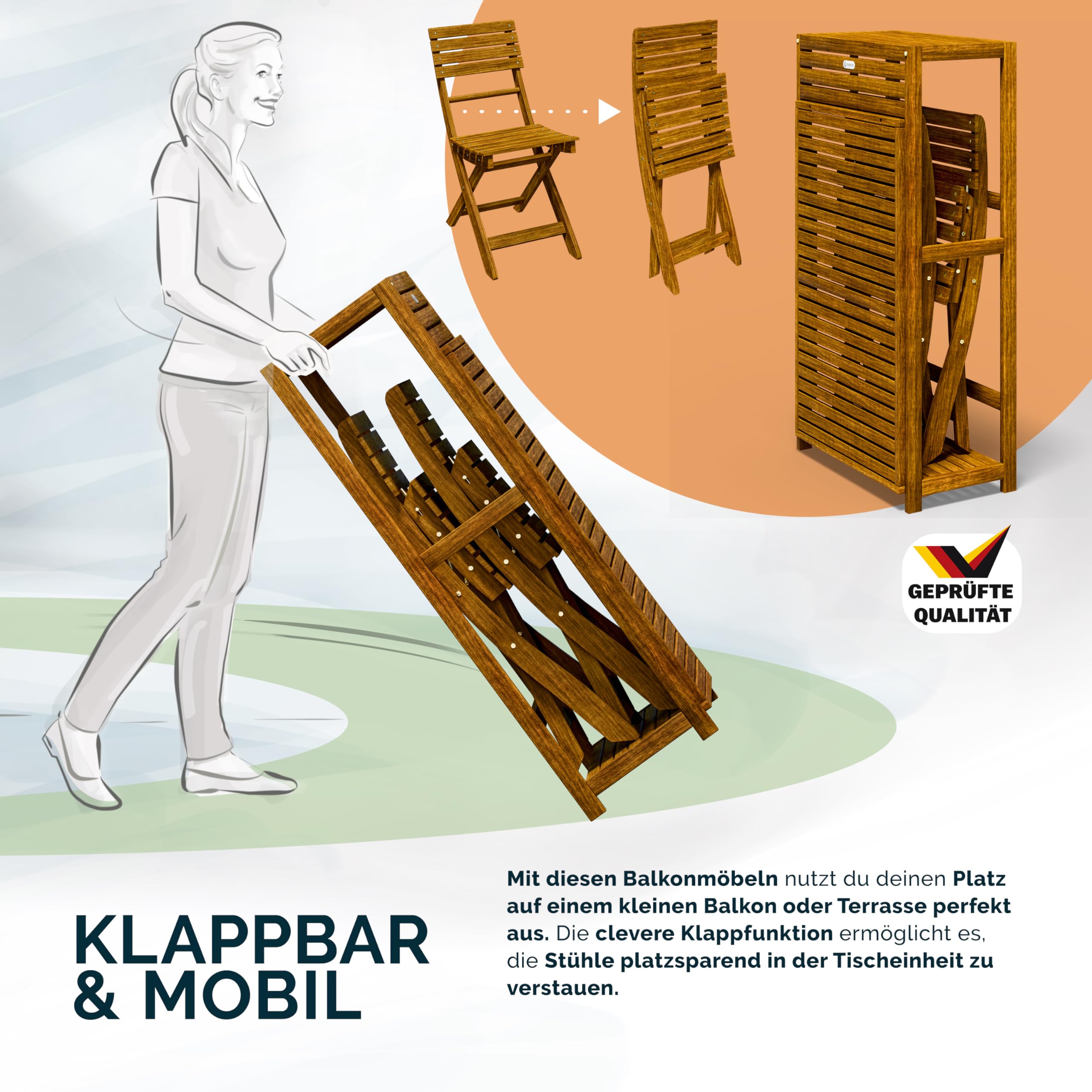 Casaria® Balkon Set 2 Personen Wetterfest Klappbar Holz FSC®-Zertifiziert 160kg Belastbarkeit 94x61x117cm Garten Balkon Terrasse 3-teilig Balkonmöbel