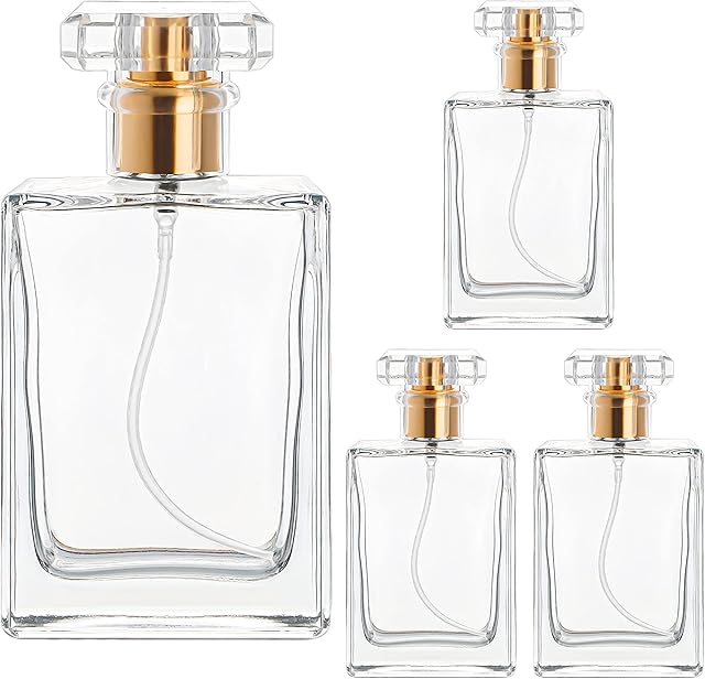 BELLE VOUS 4 Pack of Empty Refillable Perfume Spray Bottles - 50ml/1.7oz Square Clear Glass Atomiser Bottles with Gold Mist Pump - Portable for Travel, Essential Oils, Aftershave & Cologne