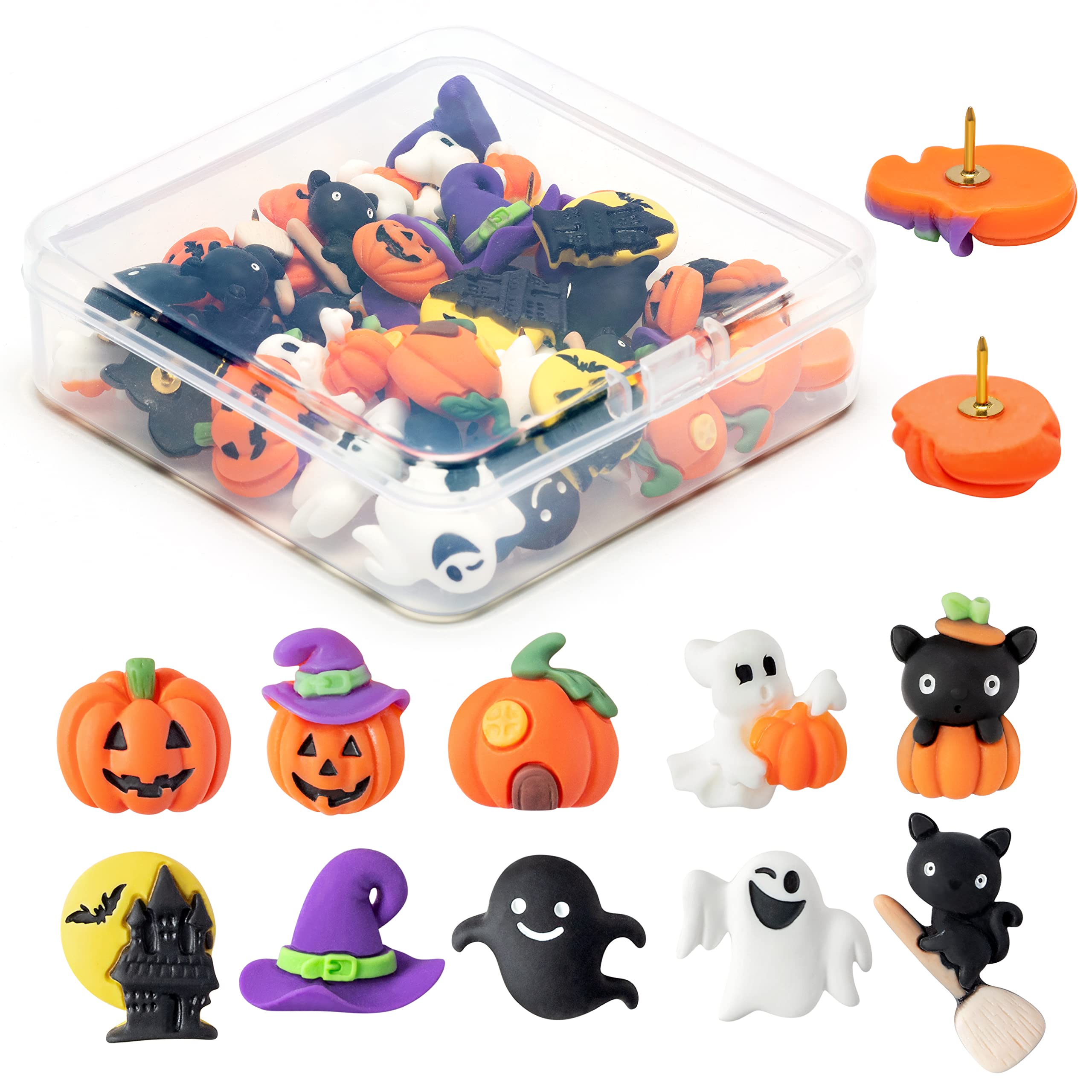 H1vojoxo 40 szt. przypinek na Halloween dekoracja na tablicę z korka, dekoracyjne pinezek na Halloween, zabawne przypinki do dyni na ścianę ze zdjęciami, przypinki do tablicy ogłoszeń, zamek na Halloween