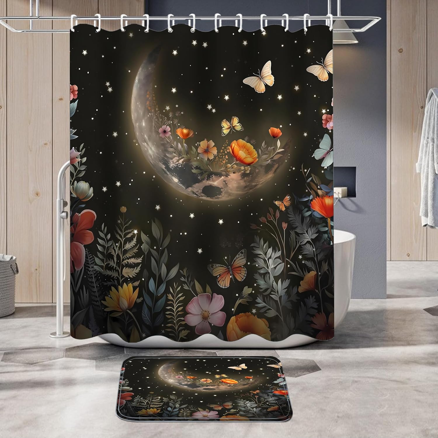 LQCOOL Shower Curtain Set 4 Pcs Black Moon Bathroom Sets with Shower Curtain and Rugs Bathroom Decor Set with 12 Hooks
