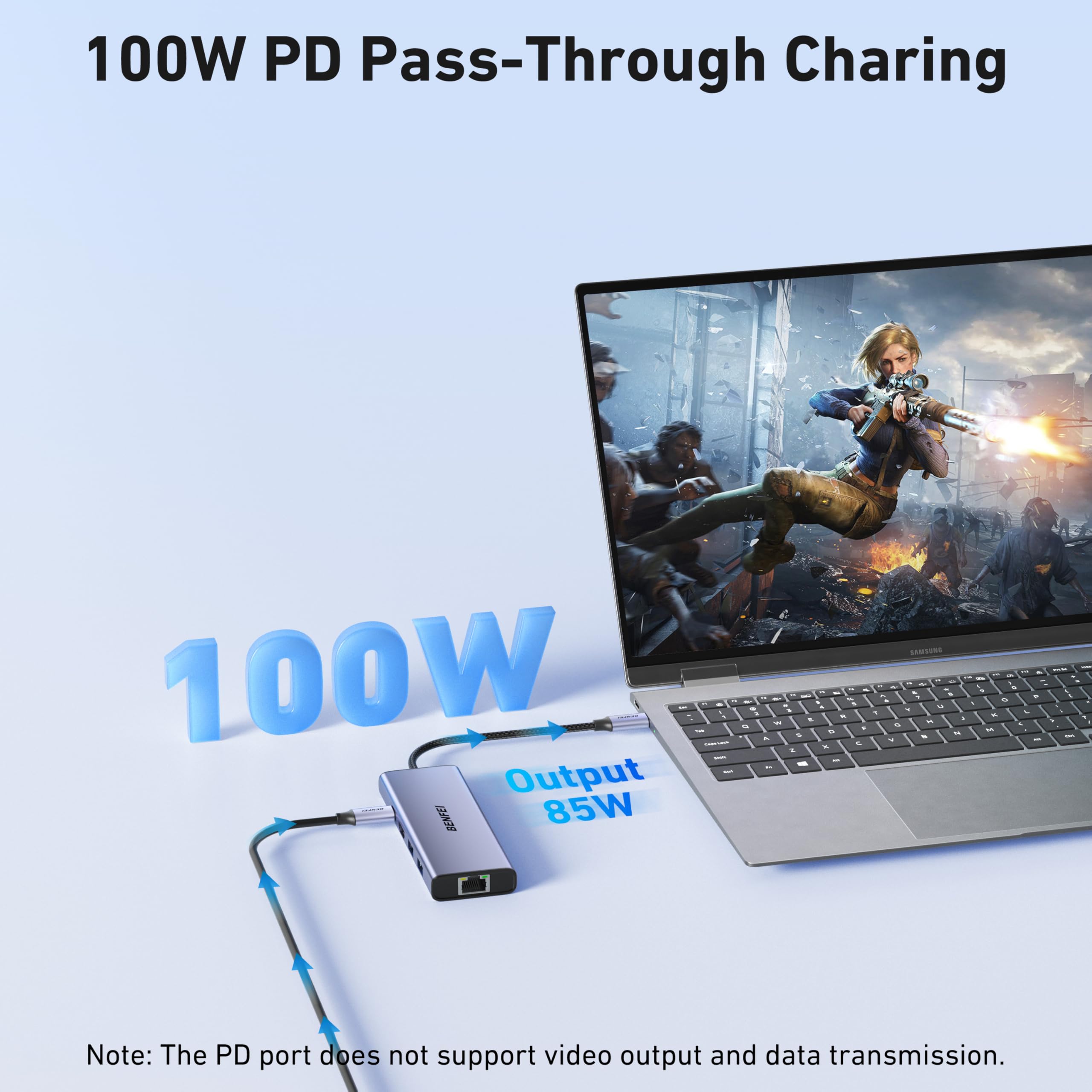 BENFEI Hub USB-C 10 w 1 ze stacją dokującą, HDMI 4K 60 Hz, Gigabit Ethernet, PD 100 W, transfer danych USB-C 5 Gb/s, 4 porty USB-A 3.0, czytnik kart SD/TF 170 MB/s