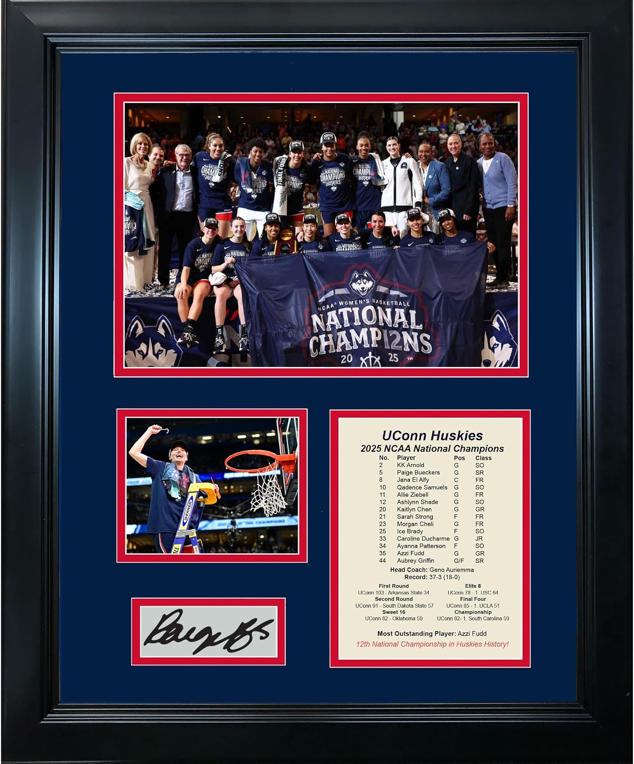 Framed UConn Huskies 2025 Women's NCAA National Champions Paige Bueckers Facsimile Laser Engraved Signature Auto 11"x14" College Basketball Photo Sig Collage