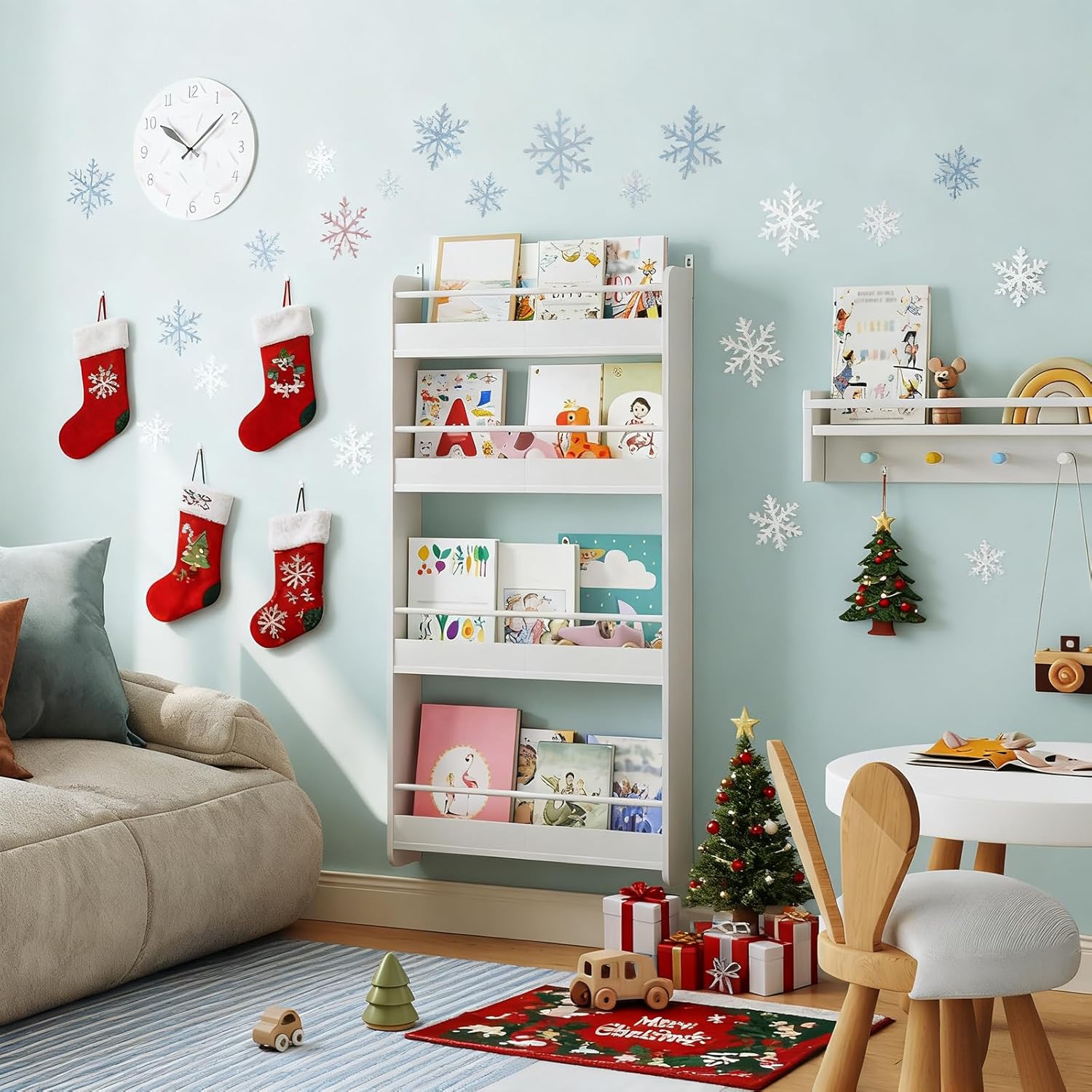 Kids Bookshelf, 4-Tier Wall Mount Bookshelf for Kids, Wooden Nursery Bookshelves, Hanging Book Shelf for Kid Room, Playroom, Bedroom, Living Room, White BKBW7601N1