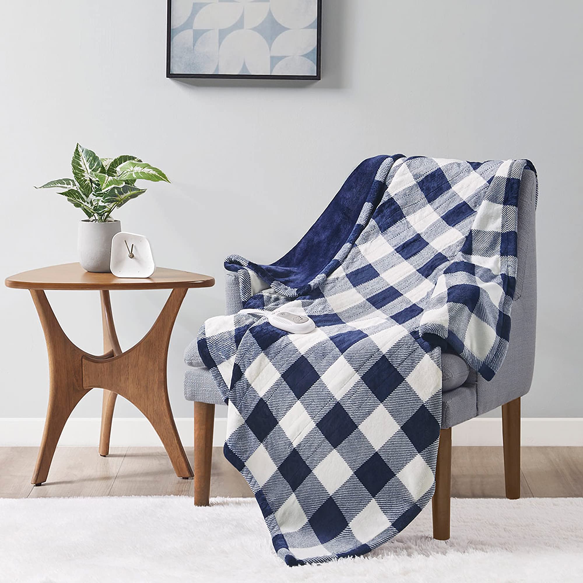 Soft Plush Electric Heated Blanket Throw, Blue Plaid Microlight
