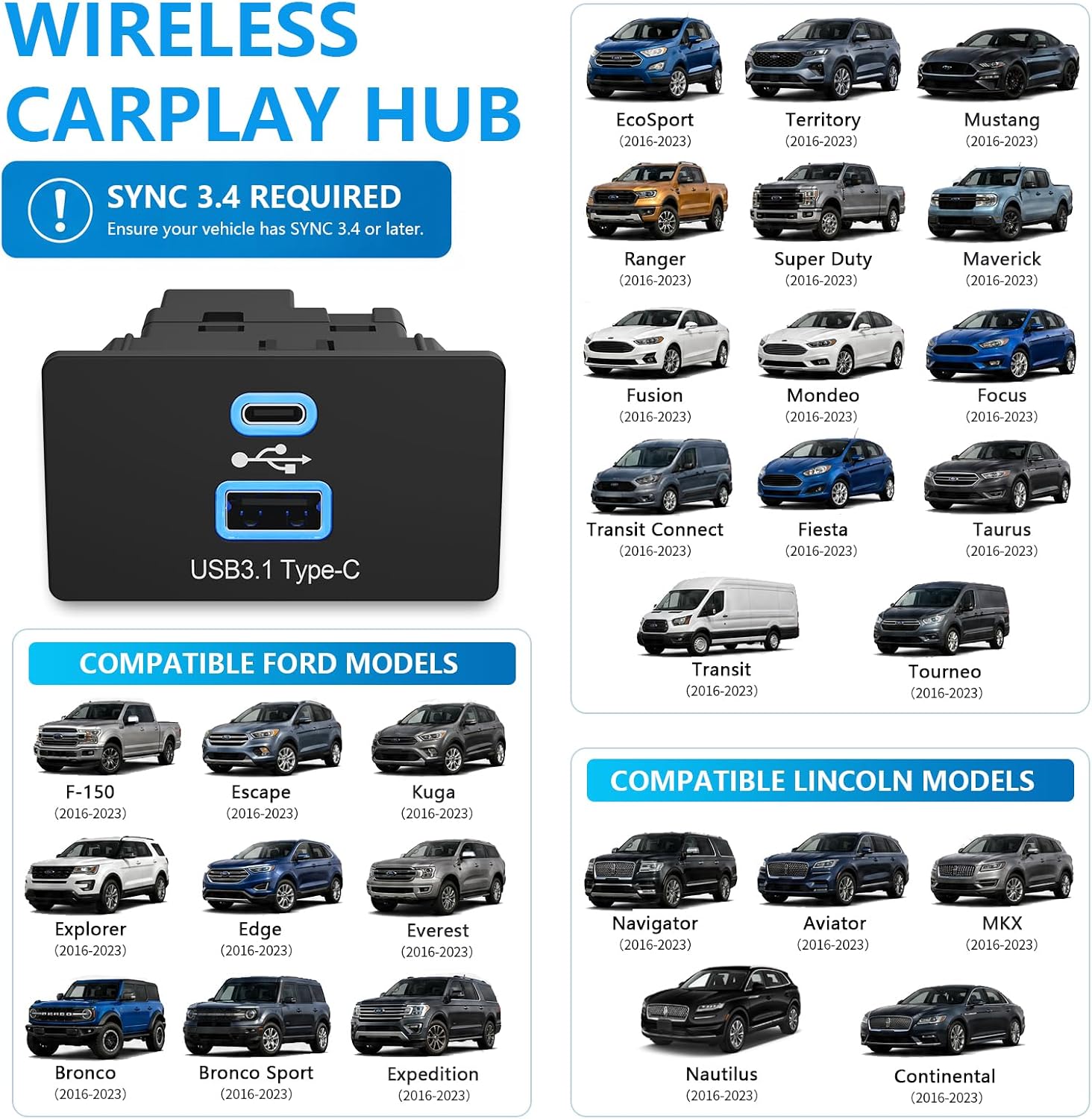 Carplay Hub Wireless CarPlay USB Media Hub for Ford F-150 2017-2020 USB Type-C Hub Upgrade Module for Ford SYNC 3 Version 3.4 Only for Apple CarPlay
