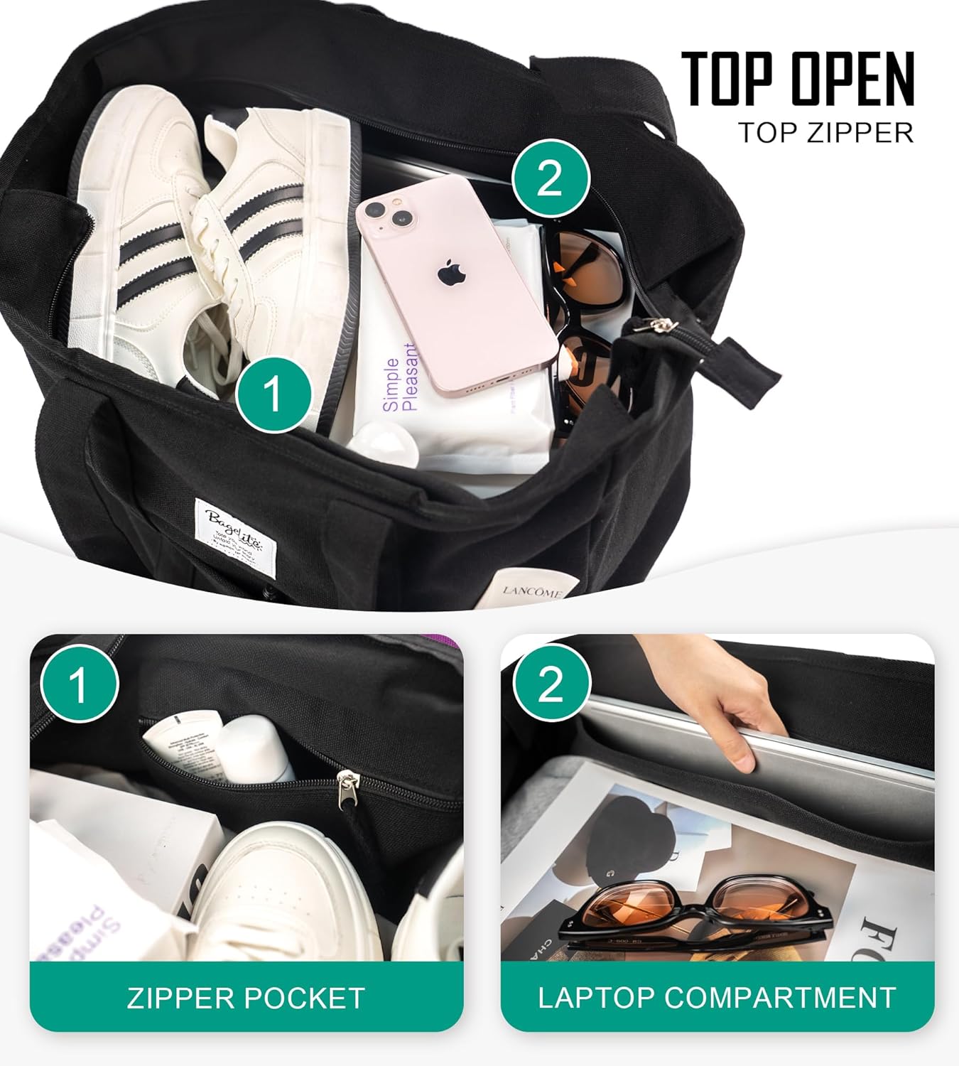 Extra Large Canvas Tote for Women Men, Utility Work Bag with Zipper - Image 4