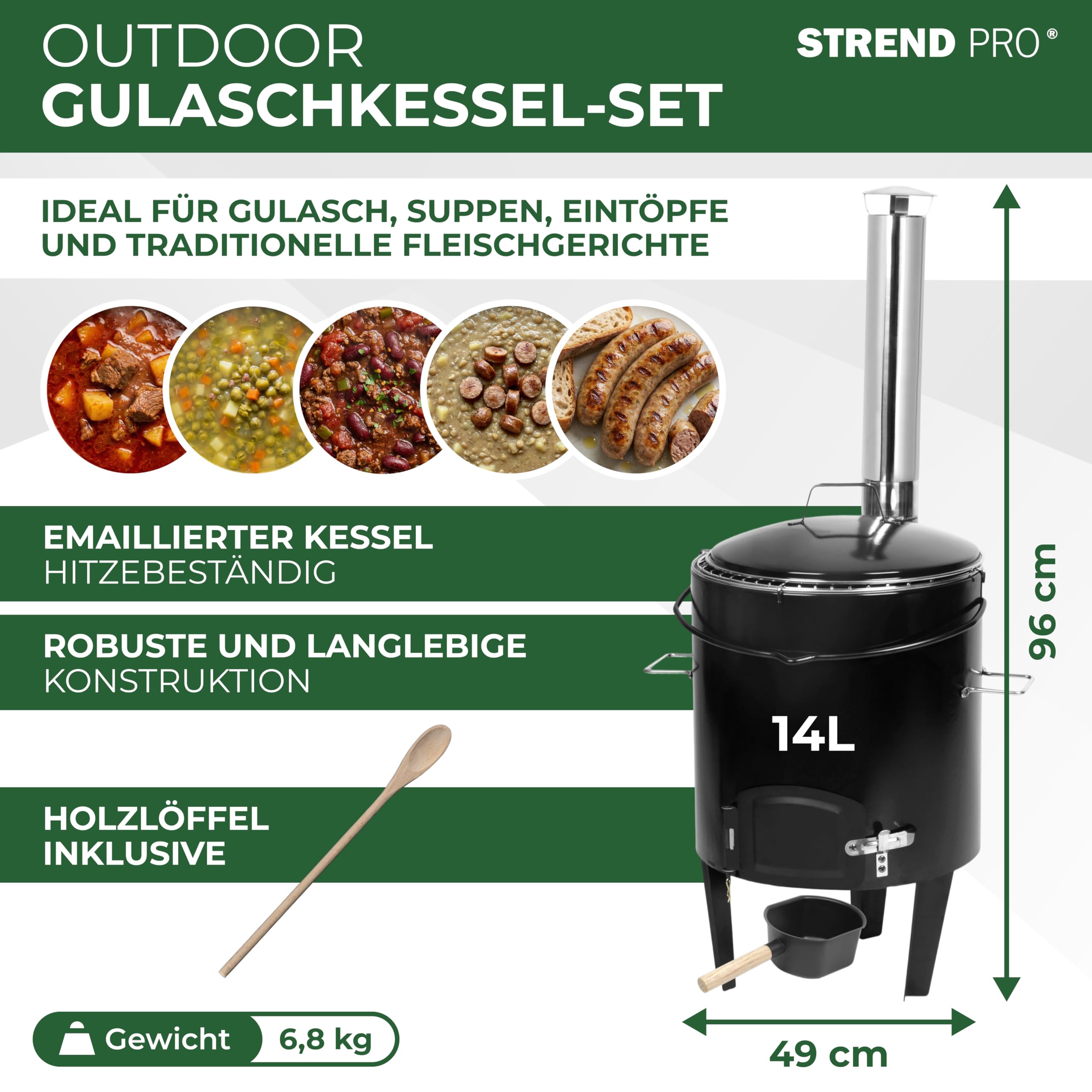 STREND PRO Gulaschkanone 14 Liter Komplett-Set emaillierter Gulaschkessel Outdoor Gulaschkocher für Holzfeuer Edelstahlkamin