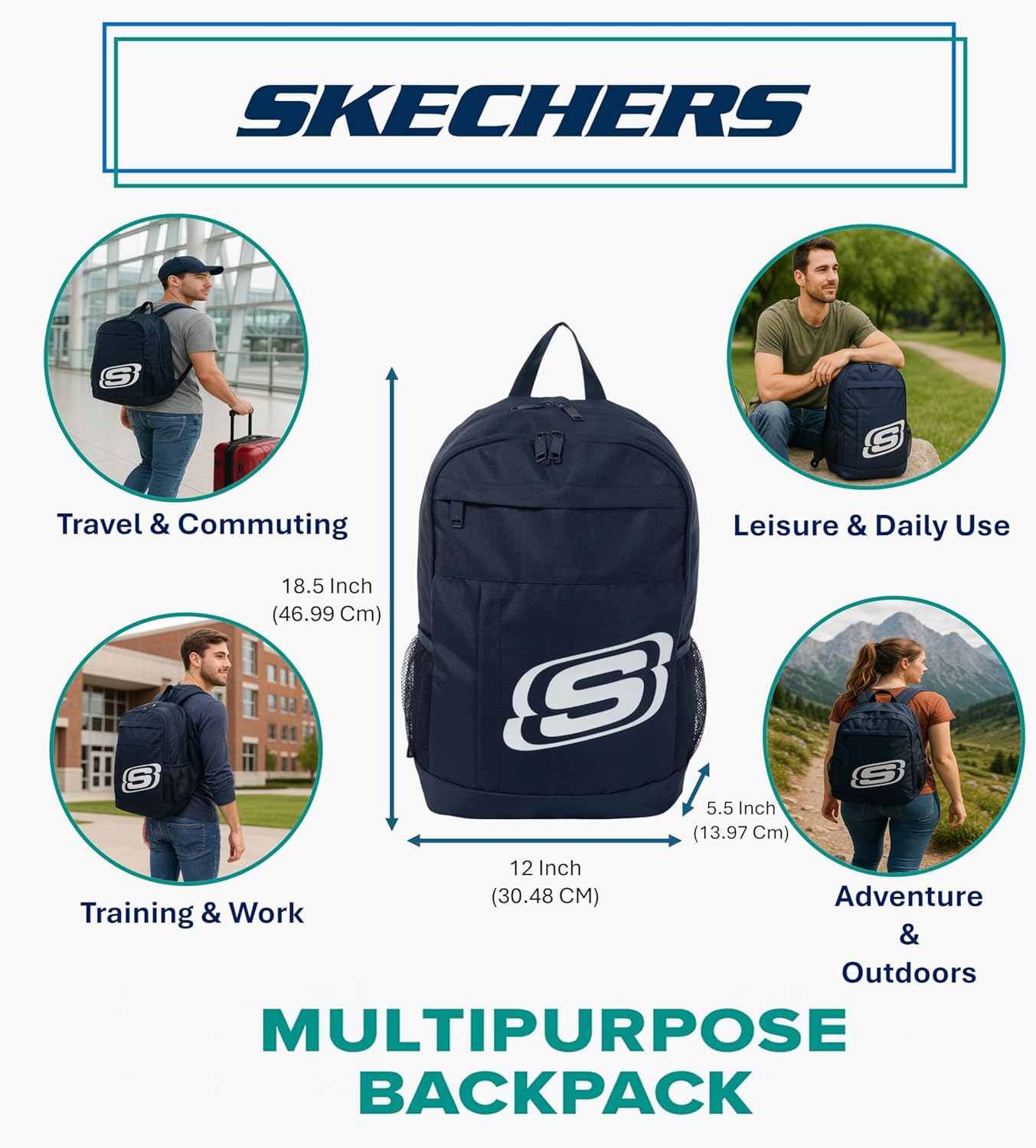 Skechers 365 Central Travel Backpack for Women & Men, College Backpack, Laptop Bag, Multipurpose Back Pack & Book Bag (Navy & White) - Image 4