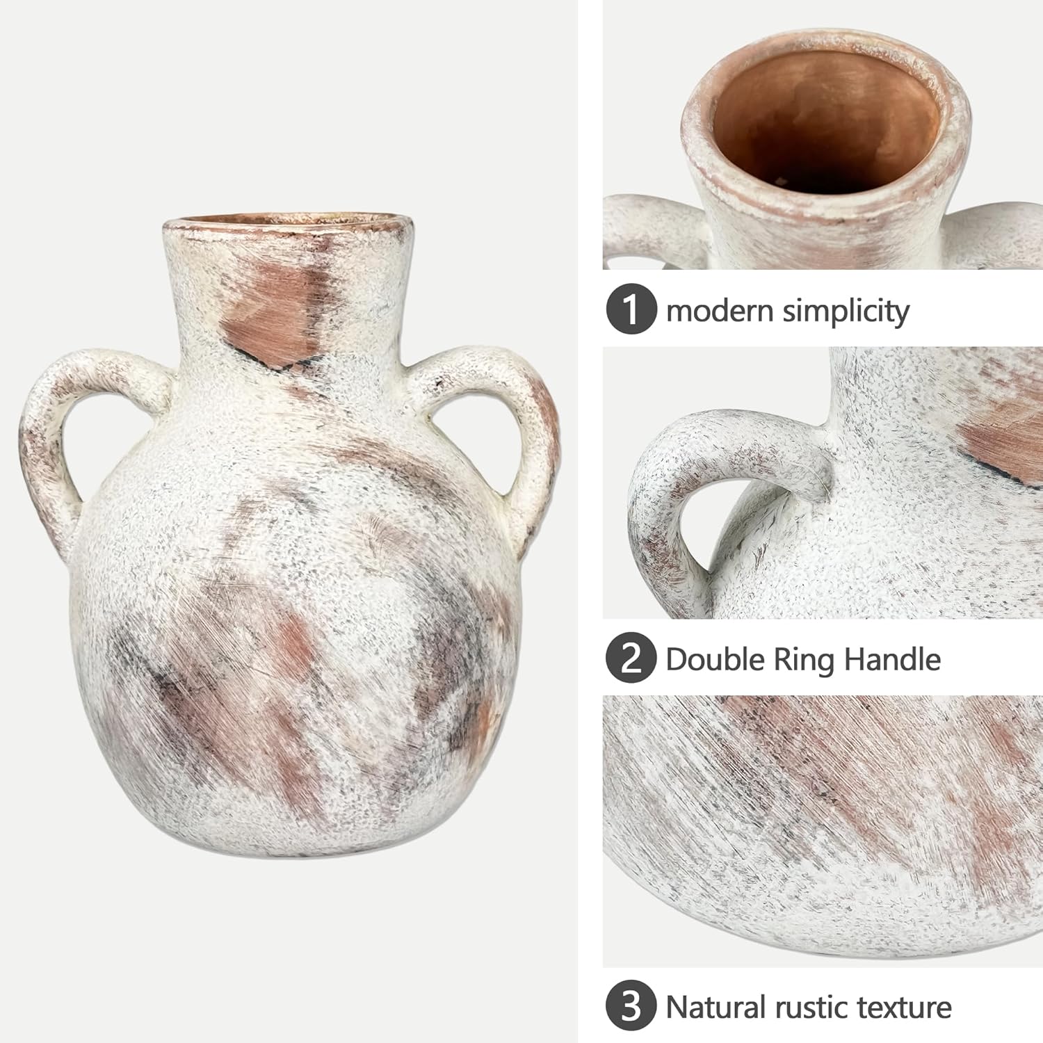 Rustic Ceramic Flower Vase with 2 Handles, Rustic Pampas Grass Vases, Farmhouse 7.5Inch Decorative, Flower Ceramic Vase for Home Decor, Table, Living Room Decoration, Office - Image 3