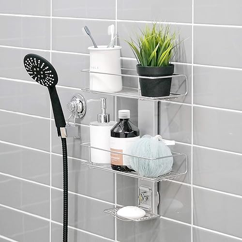 Miniatura 5 de Bath Beyond BATHBEYOND - Estante de ducha con ventosa de acero inoxidable 400, ajustable, sin perforaciones y adhesivo extra adhesivo para una