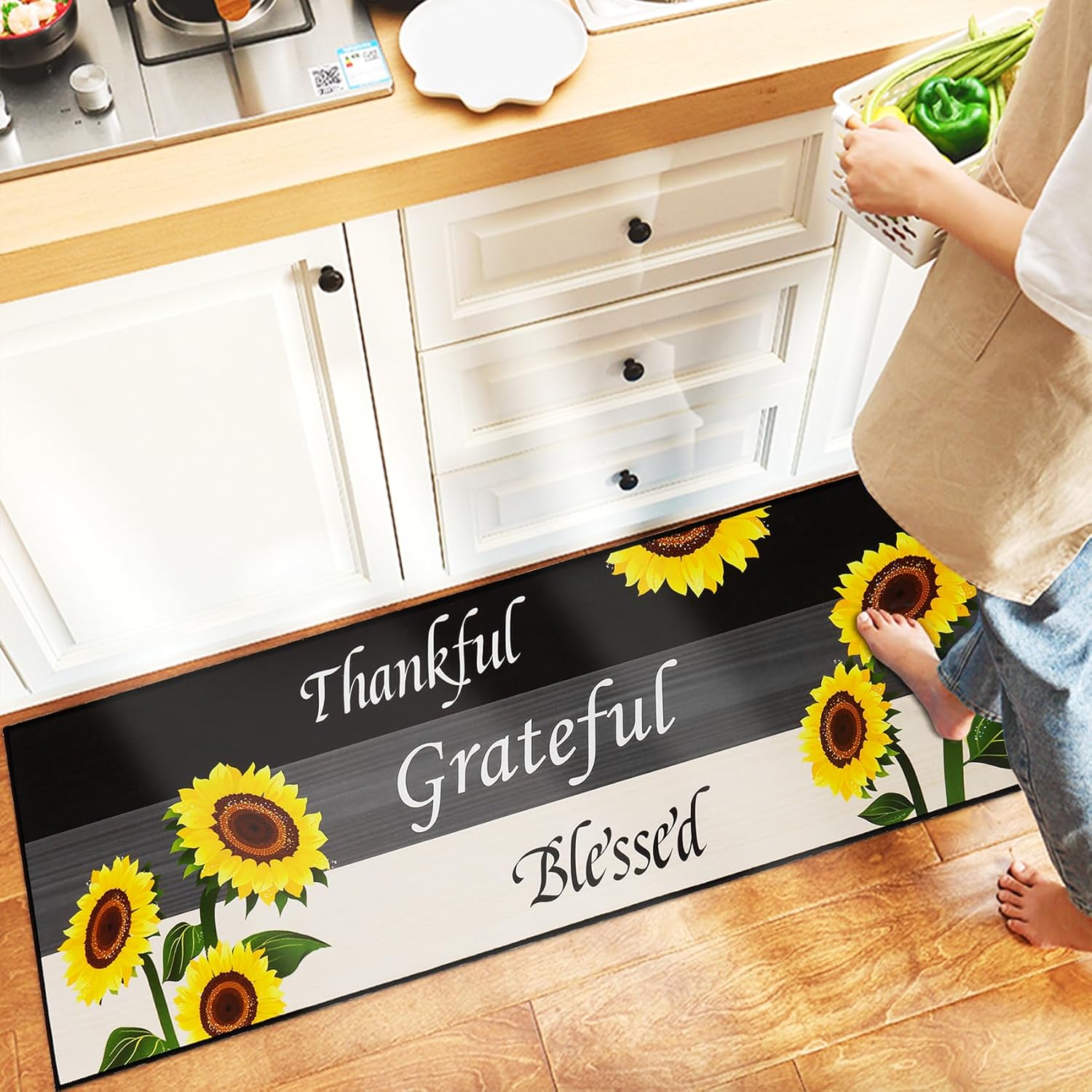 2 Pcs Kitchen Rugs Set Washable Kitchen Mats for Floor, Home, Sink, Bathroom Cushioned Non Slip Sunflower Kitchen Rug Runner Standing Mat （Grateful