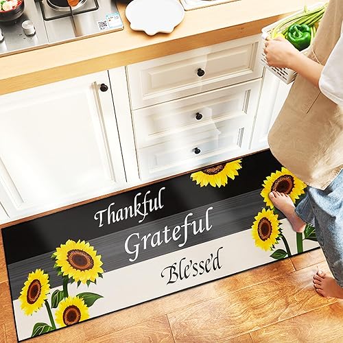 Miniatura 10 de Juego de 2 alfombras de cocina lavables para piso, hogar, fregadero, baño, antideslizante, acolchado, girasol, alfombra de cocina, alfombra de pie