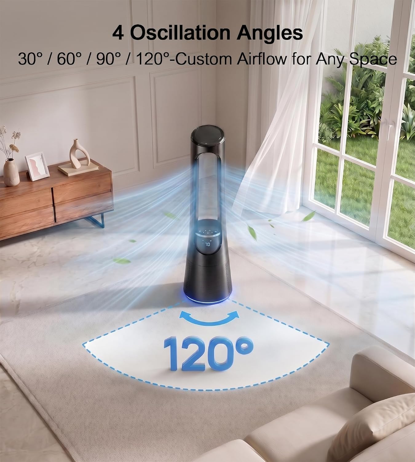 AKIRES 38" Bladeless Tower Fan, Bladeless Fan with 4 Modes, 20 Speeds,120° Oscillating, 5 LED Colors, 12H Timer, Ultra-Quiet DC Motor, Remote Control, Tower Fan for Indoor, Bedroom, Office Black