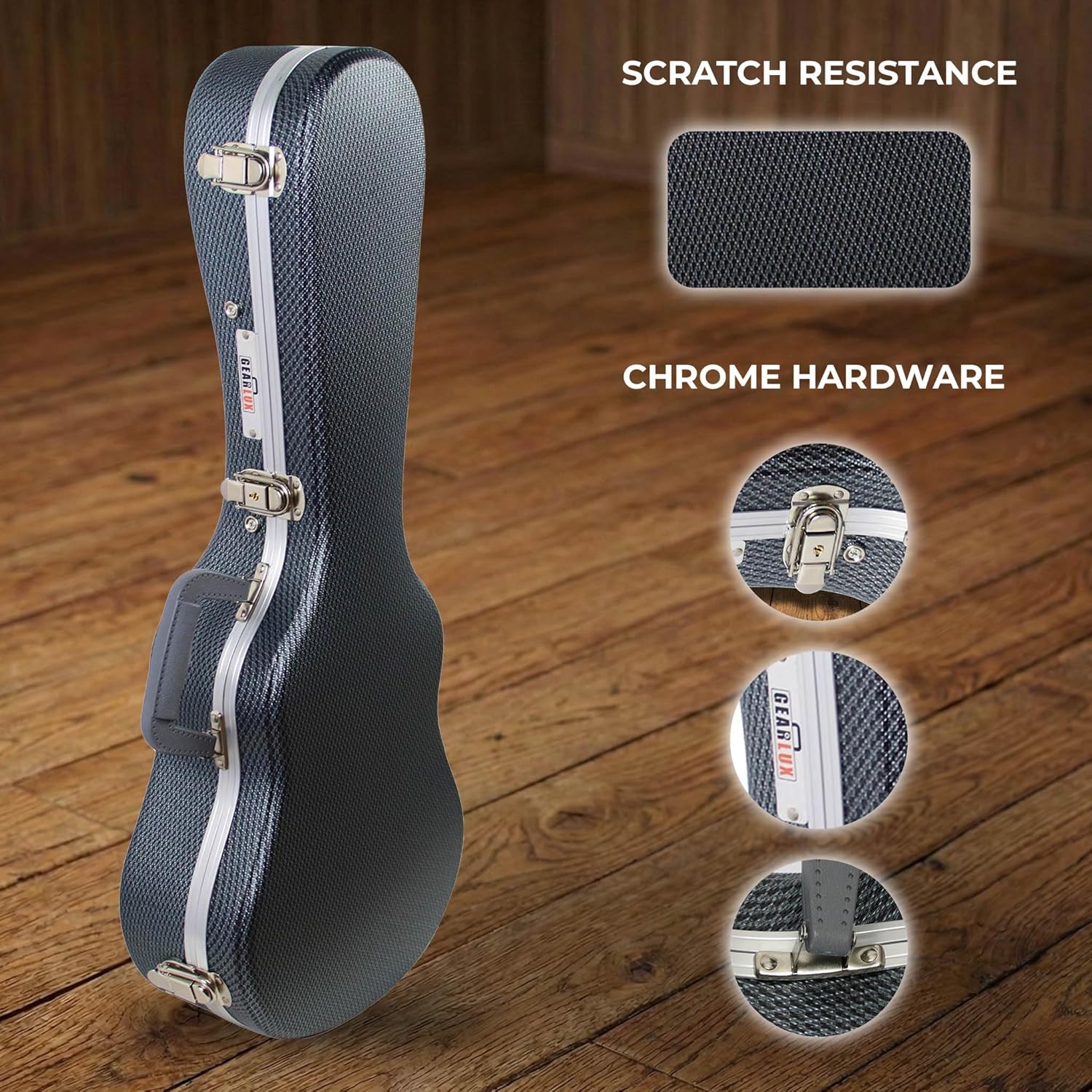 Gearlux Deluxe ABS Tenor Ukulele Case with Exterior Locks, PVC Handle, Interior Accessory Compartment, and Soft Interior Padding - Black