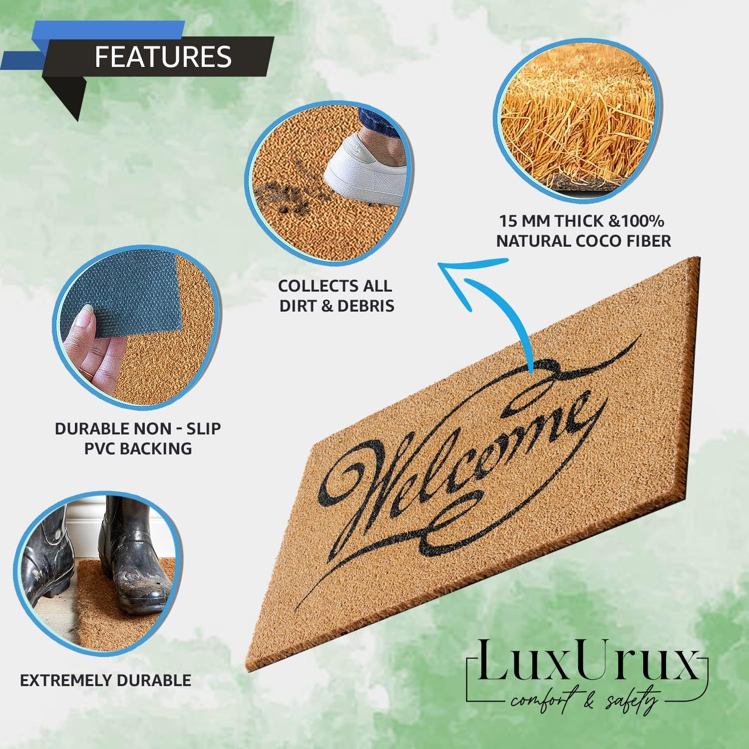 LuxUrux Welcome Mats Outdoor Coco Coir Doormat, with Heavy-Duty PVC Backing - Natural - Perfect Color/Sizing for Outdoor/Indoor uses. (17 x 30 inch, Welcome Khaki)