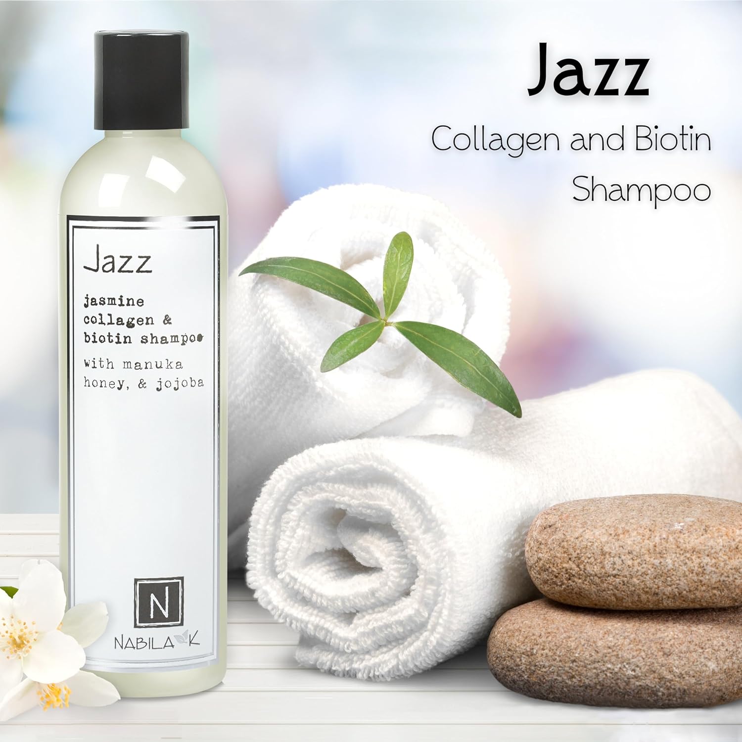 Nabila K Collagen & Biotin Shampoo, 9 oz – Jazz – White Jasmine, Manuka Honey & Jojoba – Cleansing, Hydrating, Color-Safe – Sulfate-Free