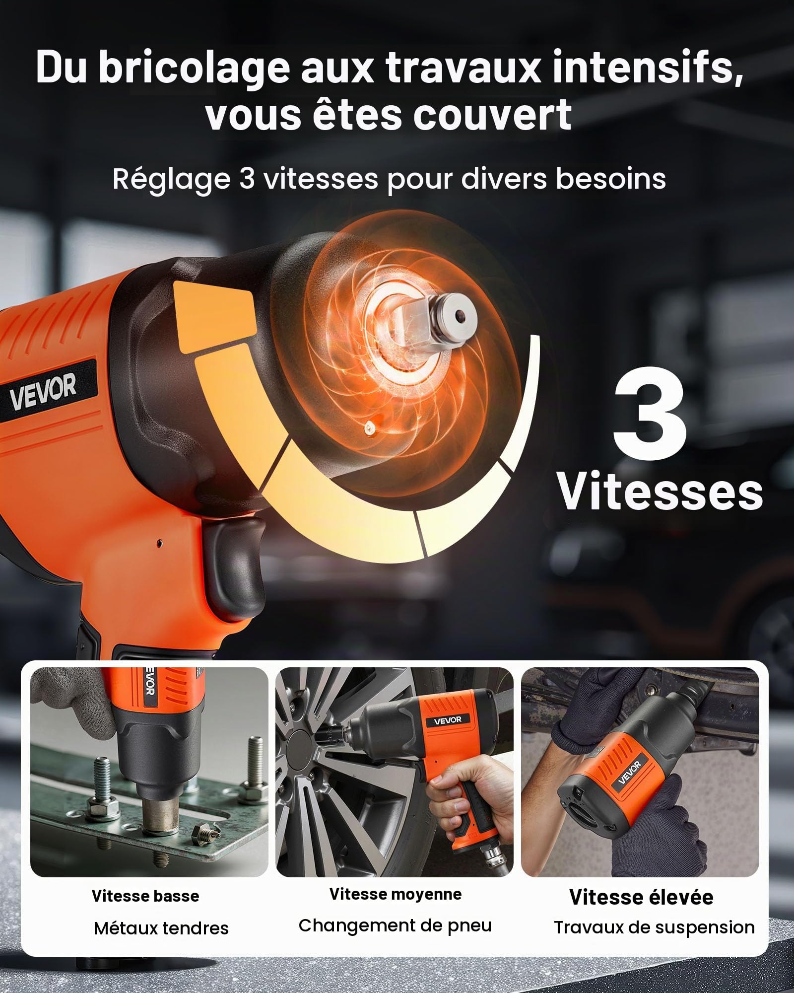 VEVOR Clé à Choc Pneumatique 12,7 mm Couple Inverse Max 1490 Nm, Réglage 4 Vitesses, 7500 tr/min, Clé Pneumatique pour Garages et Ateliers de Diverses Tâches Réparation Légère Entretien Automobiles