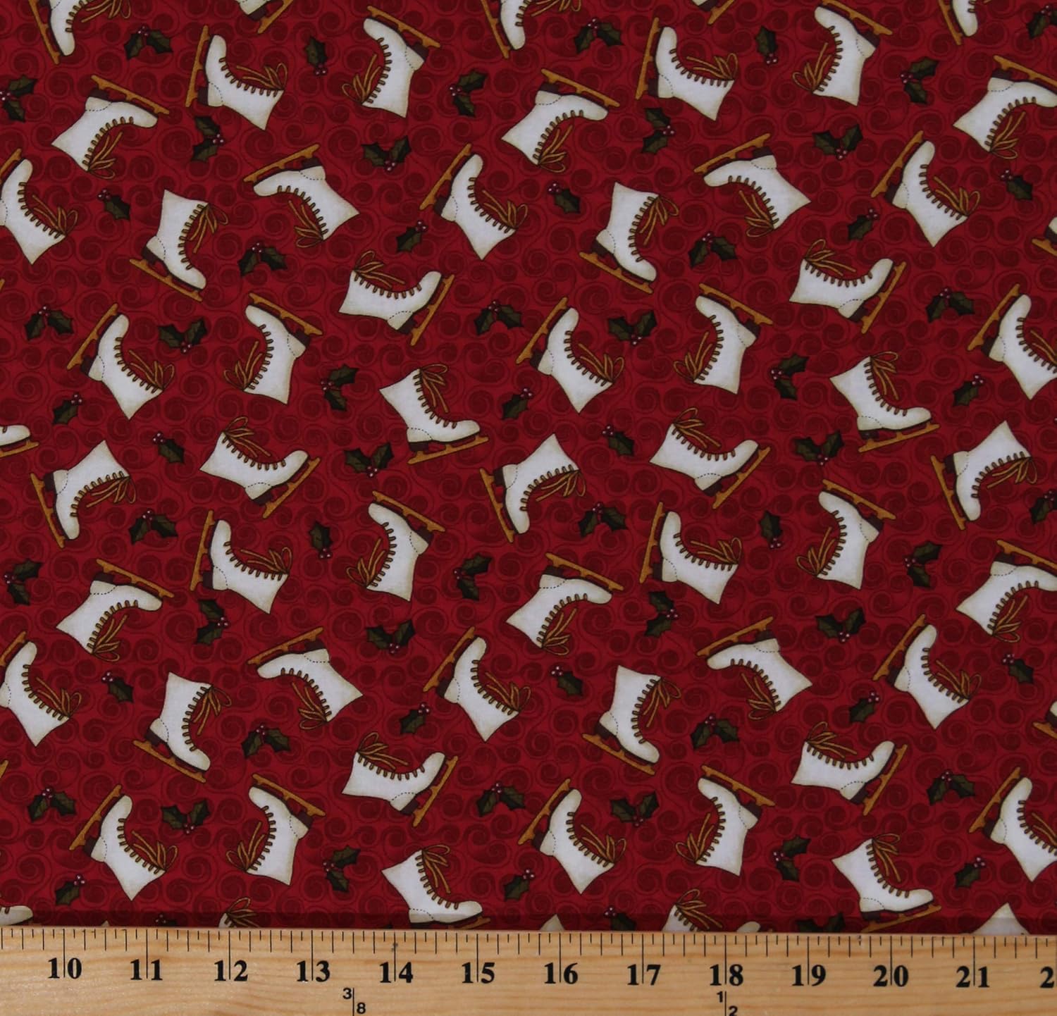 Cotton Ice Skates and Holly on Red Swirls Christmas Winter Holidays Ice Skating Winter Wonderland Cotton Fabric Print by The Yard (D508.55)