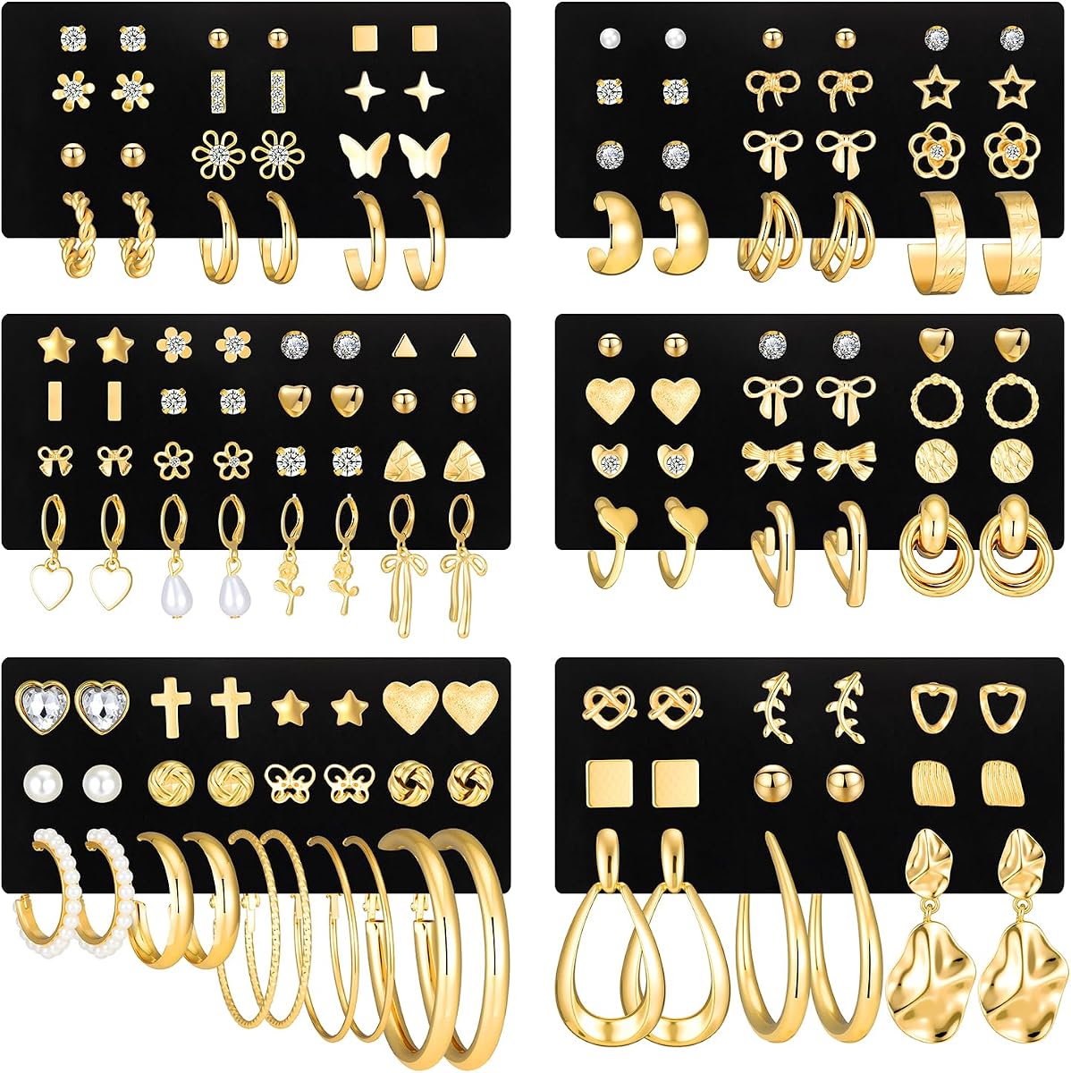 Juego de 84 pares de aretes de oro para mujer, paquete múltiple, aretes de mariposa con circonita cúbica y perlas de moda, aretes de aro hipoalergénicos para regalo