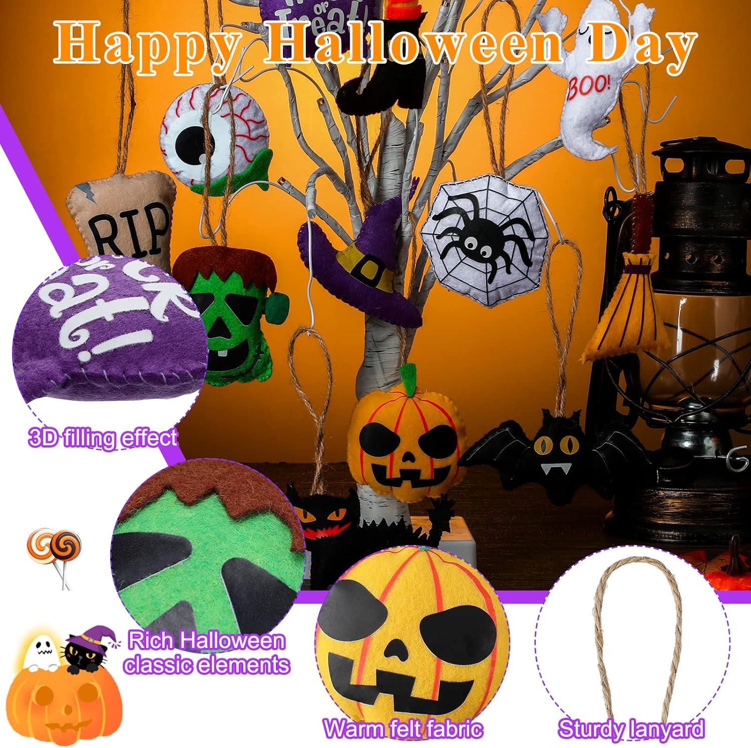 12 Halloween Tree Ornaments - 3D Felt Hanging Decorations: Pumpkin, Black Cat, Ghost, Witch Hat, Spider, Bat for Party Decor - Image 3